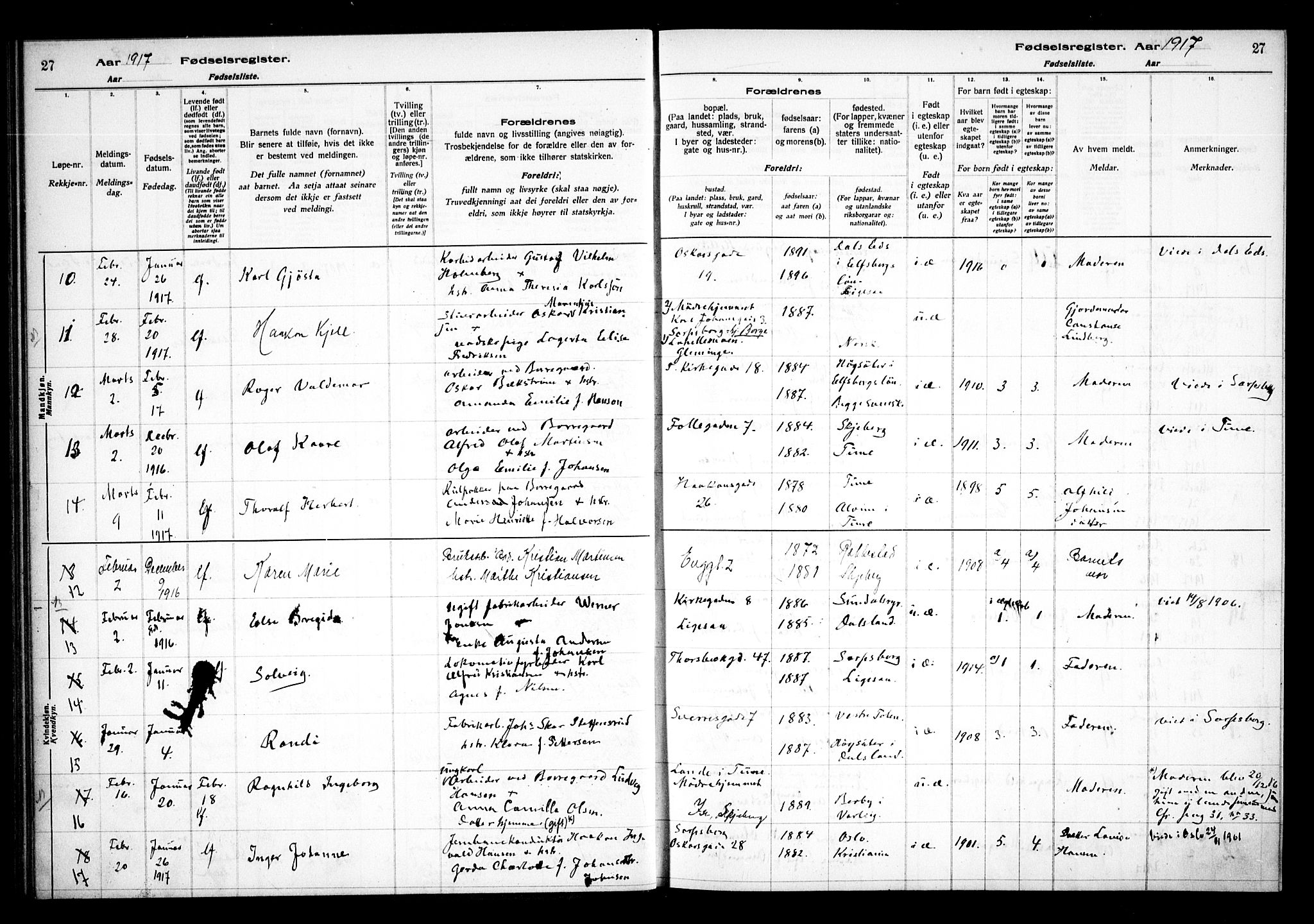 Sarpsborg prestekontor Kirkebøker, AV/SAO-A-2006/J/Ja/L0001: Birth register no. 1, 1916-1922, p. 27