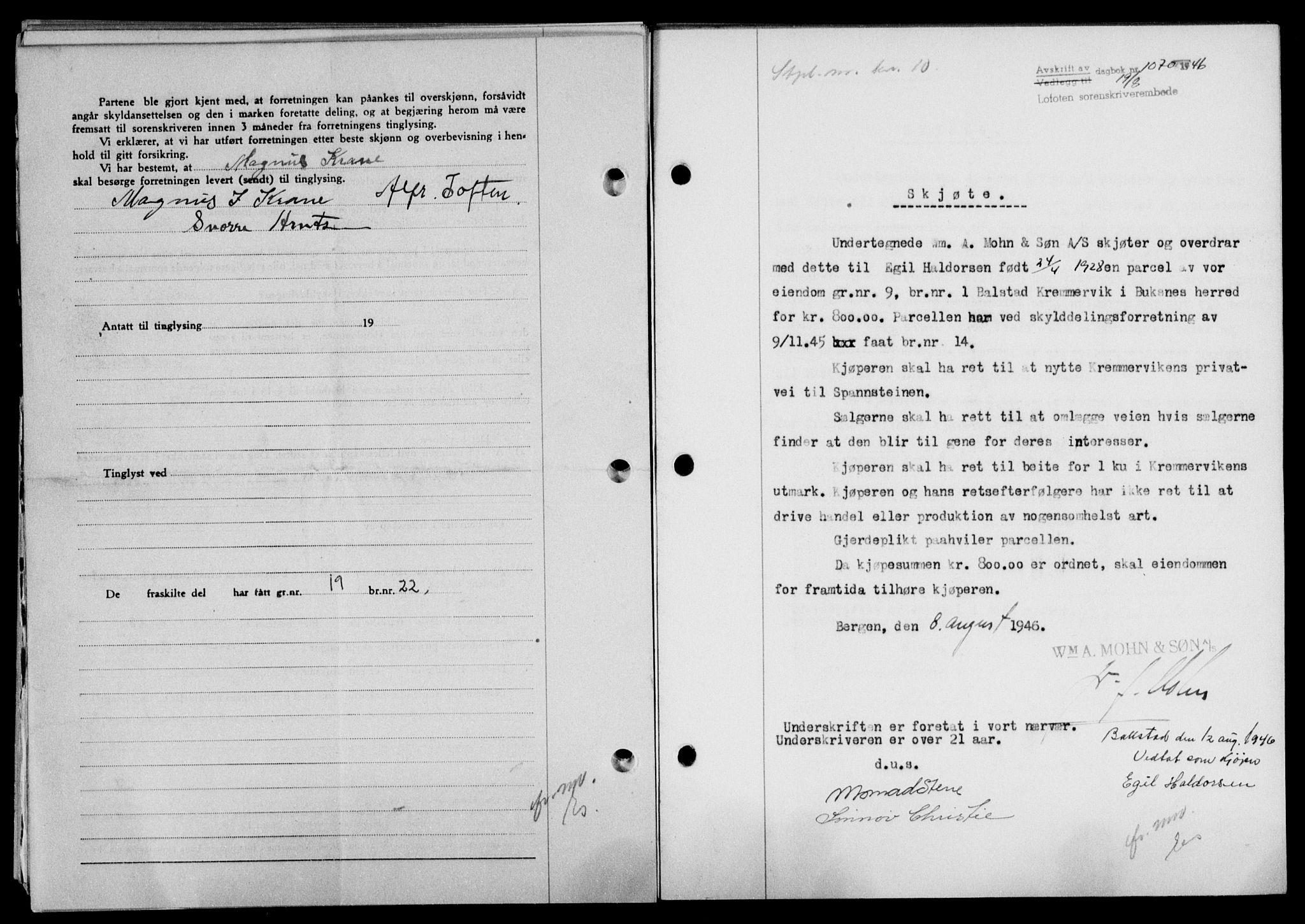 Lofoten sorenskriveri, SAT/A-0017/1/2/2C/L0014a: Mortgage book no. 14a, 1946-1946, Diary no: : 1070/1946