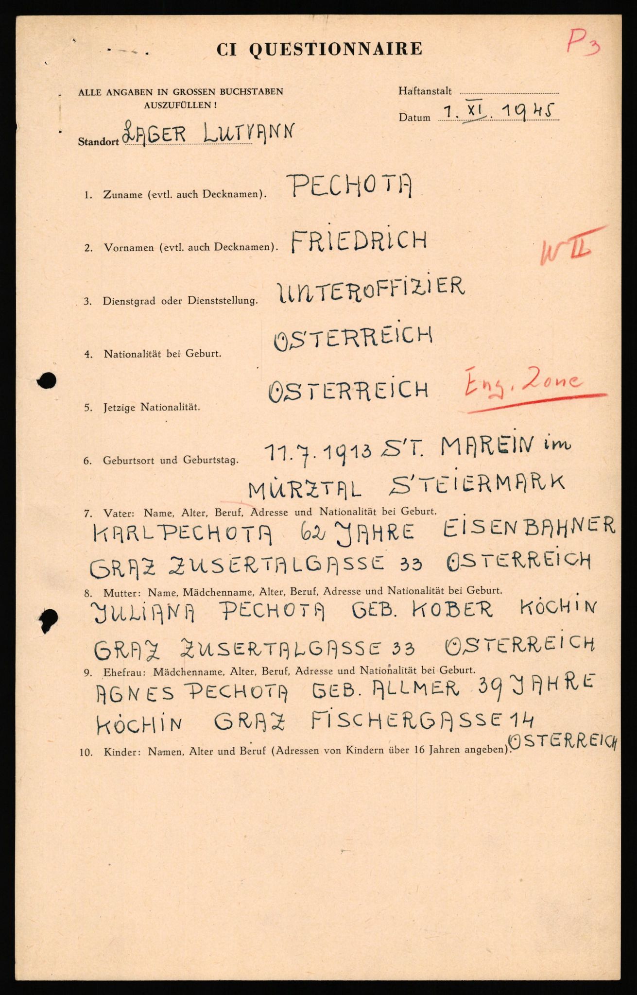 Forsvaret, Forsvarets overkommando II, AV/RA-RAFA-3915/D/Db/L0040: CI Questionaires. Tyske okkupasjonsstyrker i Norge. Østerrikere., 1945-1946, p. 3