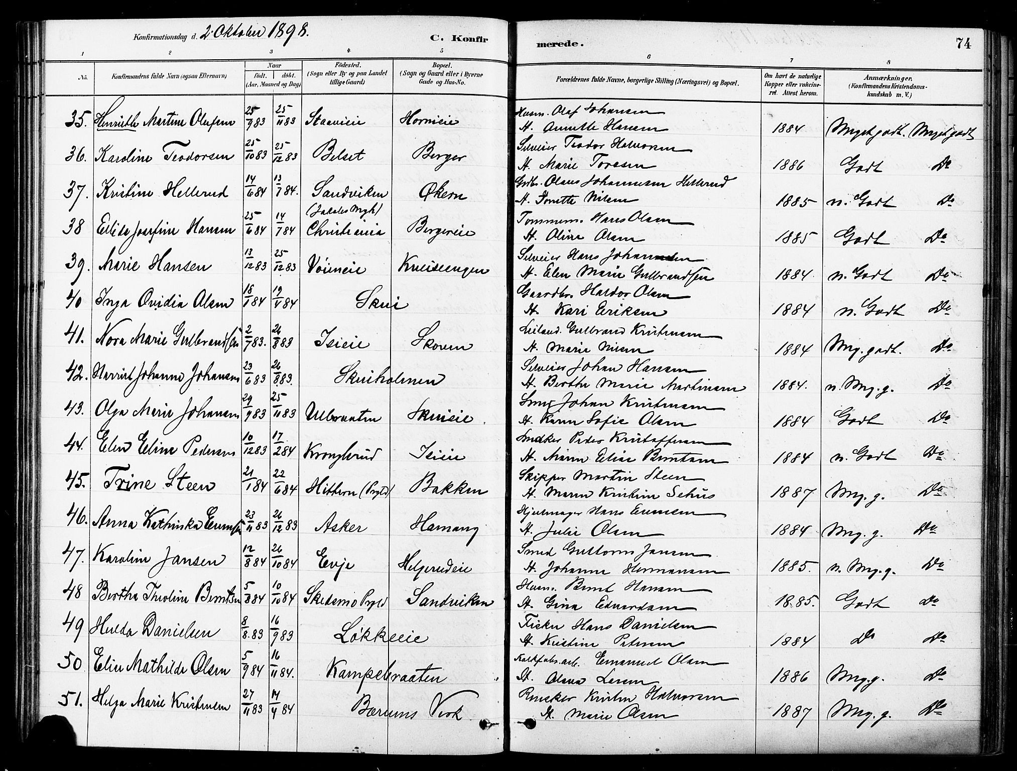 Asker prestekontor Kirkebøker, SAO/A-10256a/F/Fb/L0002: Parish register (official) no. II 2, 1879-1921, p. 74