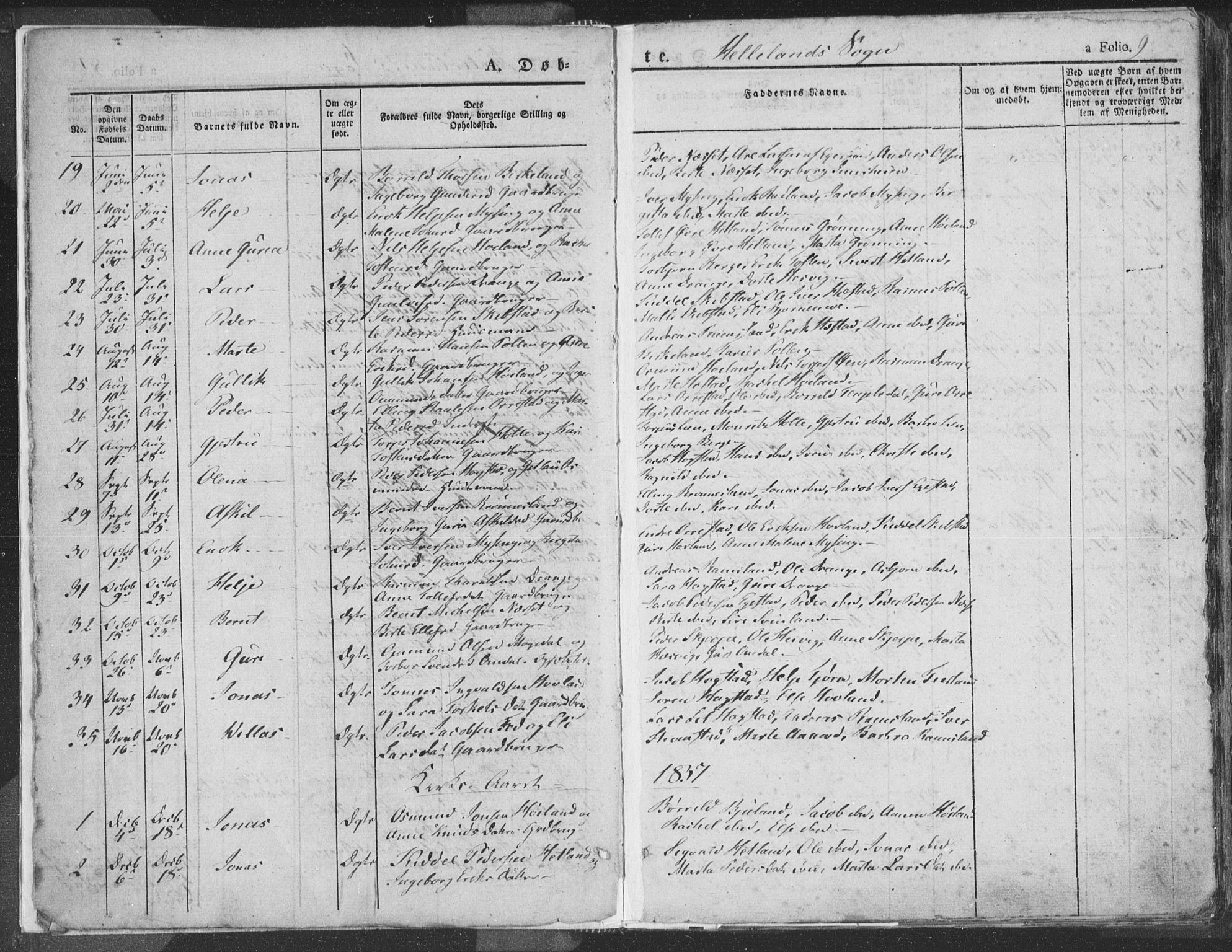 Helleland sokneprestkontor, AV/SAST-A-101810: Parish register (official) no. A 6.1, 1834-1863, p. 9