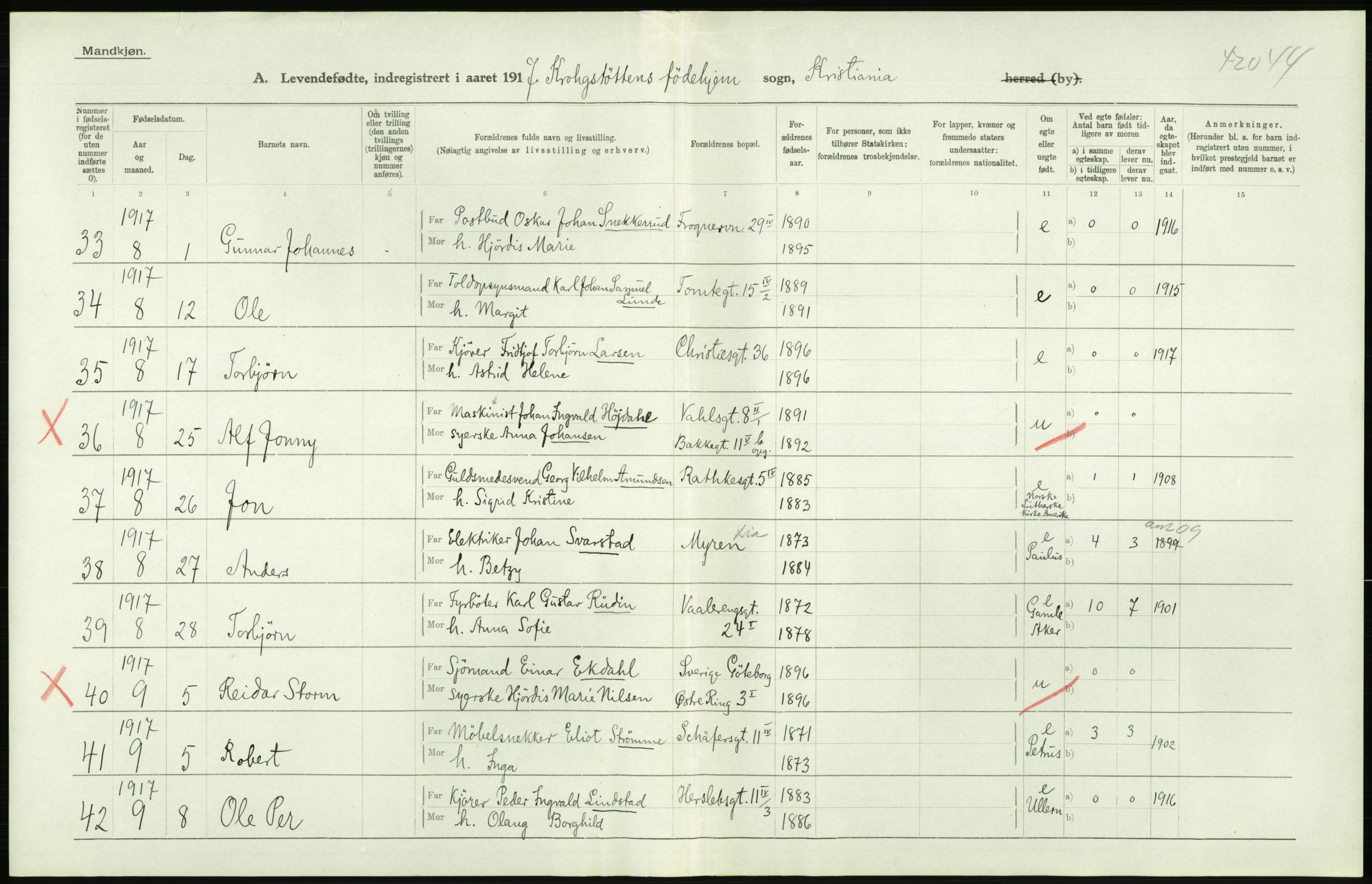 Statistisk sentralbyrå, Sosiodemografiske emner, Befolkning, RA/S-2228/D/Df/Dfb/Dfbg/L0007: Kristiania: Levendefødte menn og kvinner., 1917, p. 816