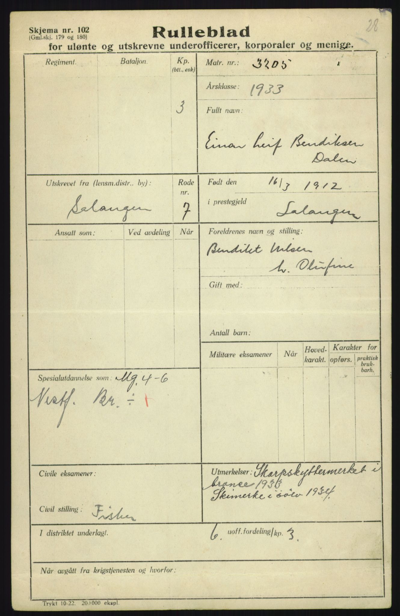 Forsvaret, Troms infanteriregiment nr. 16, AV/RA-RAFA-3146/P/Pa/L0017: Rulleblad for regimentets menige mannskaper, årsklasse 1933, 1933, p. 197
