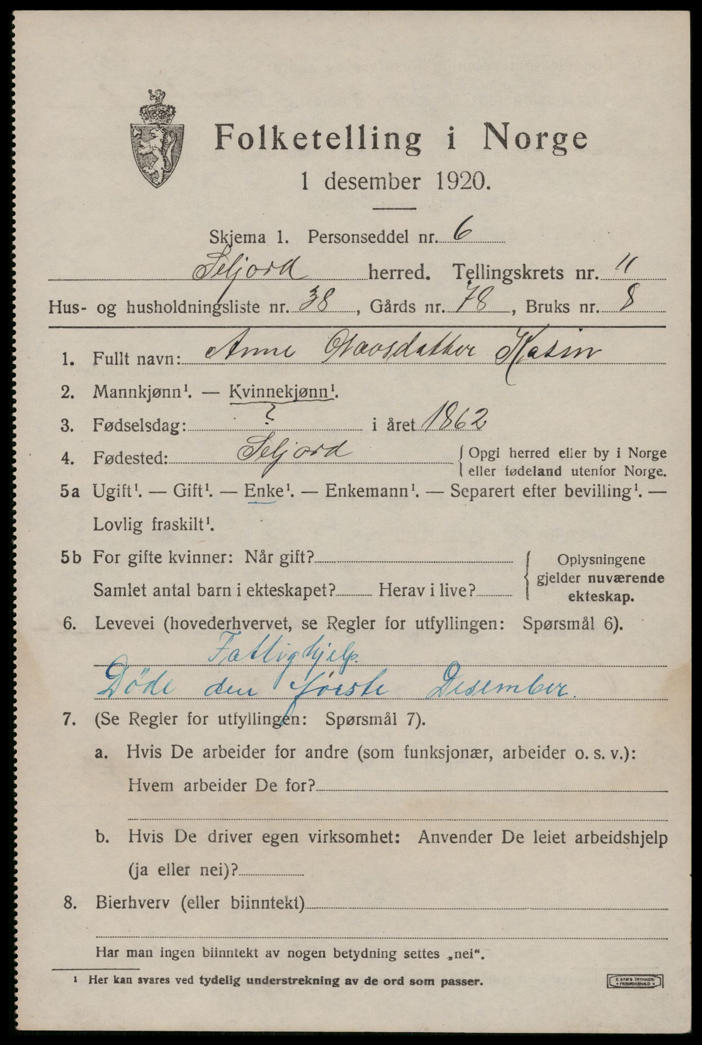 SAKO, 1920 census for Seljord, 1920, p. 5752