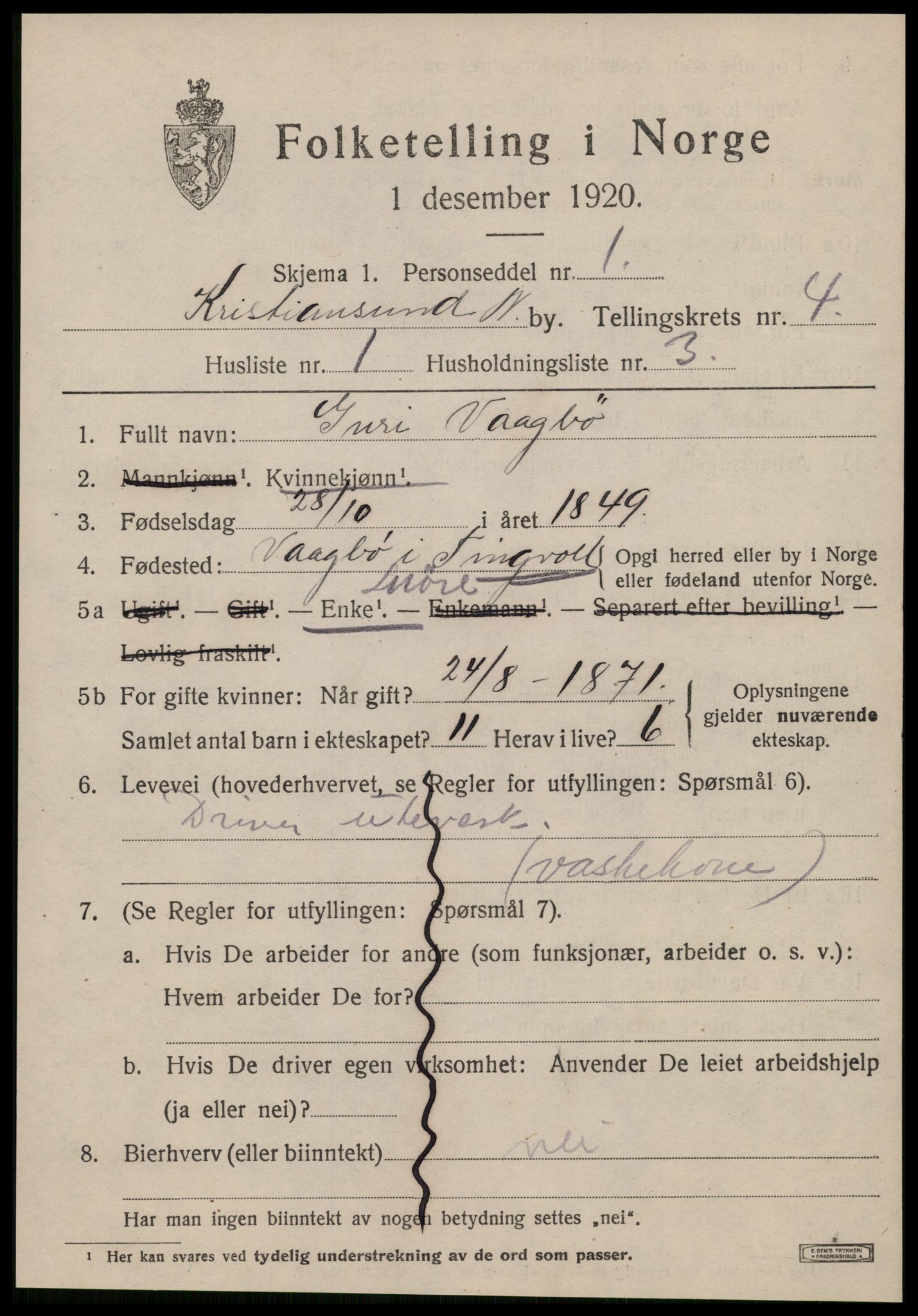 SAT, 1920 census for Kristiansund, 1920, p. 14917