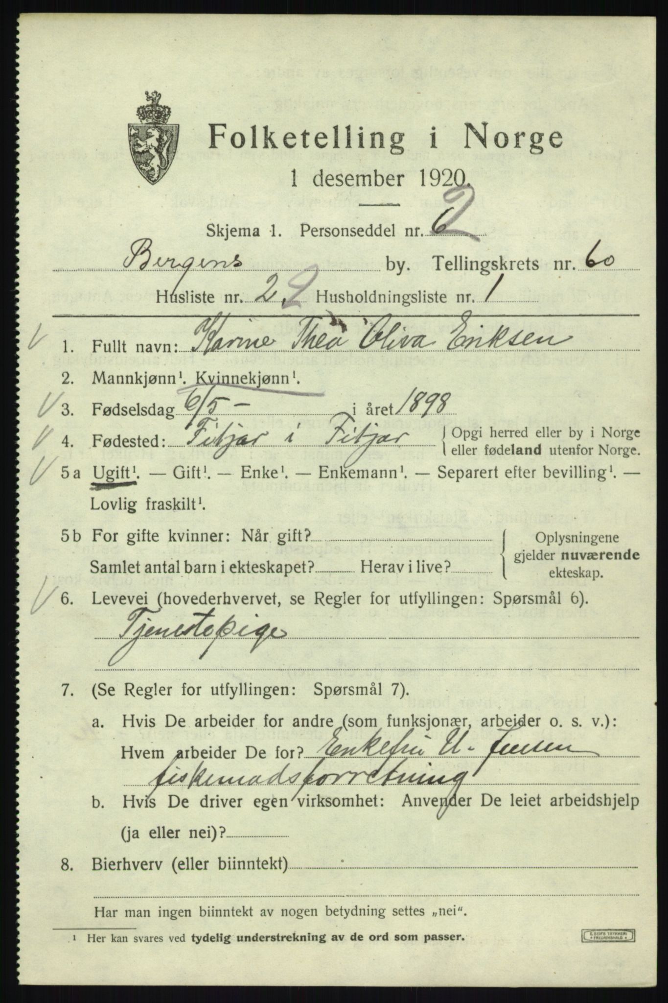 SAB, 1920 census for Bergen, 1920, p. 129766