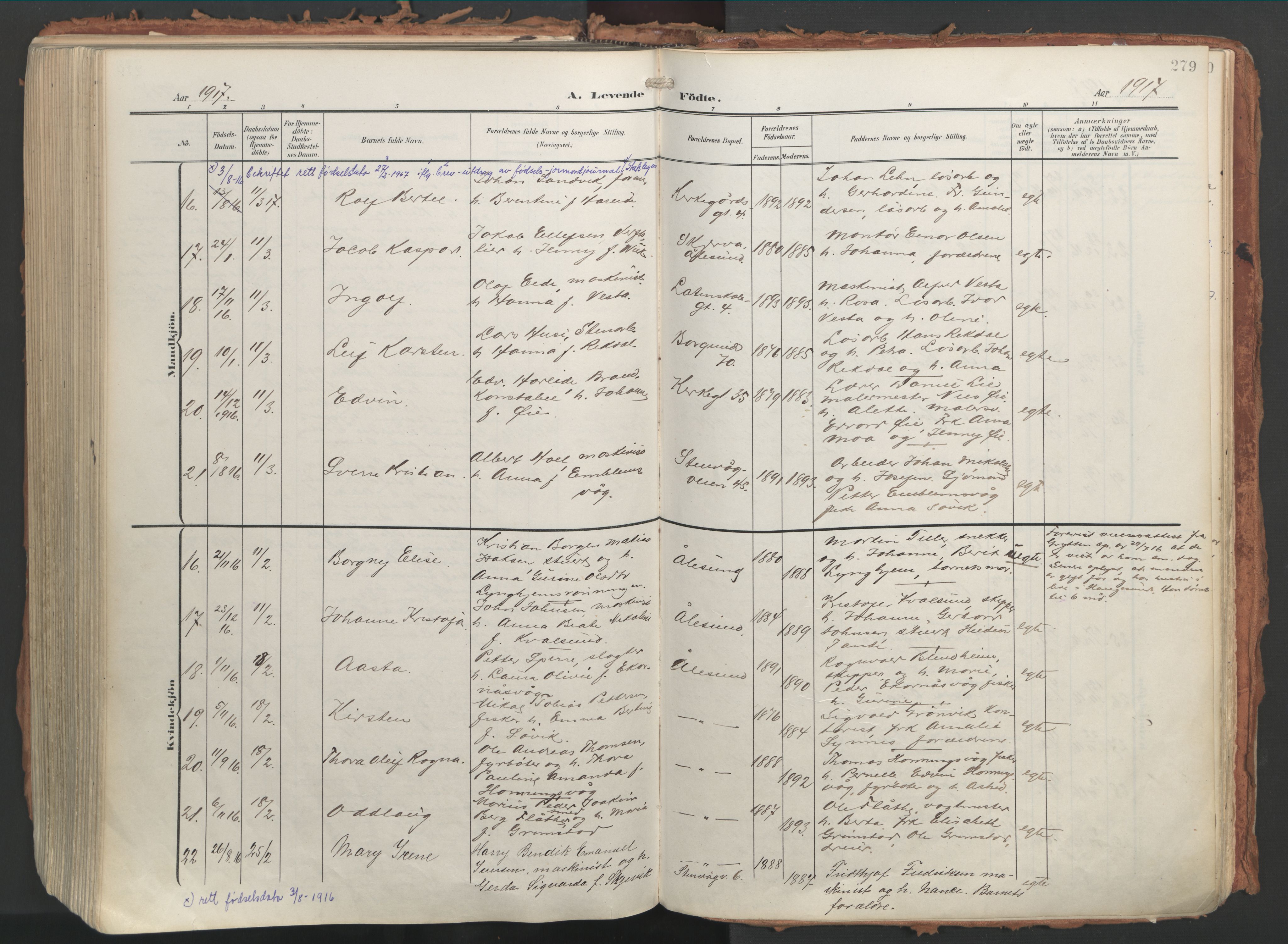 Ministerialprotokoller, klokkerbøker og fødselsregistre - Møre og Romsdal, AV/SAT-A-1454/529/L0460: Parish register (official) no. 529A10, 1906-1917, p. 279