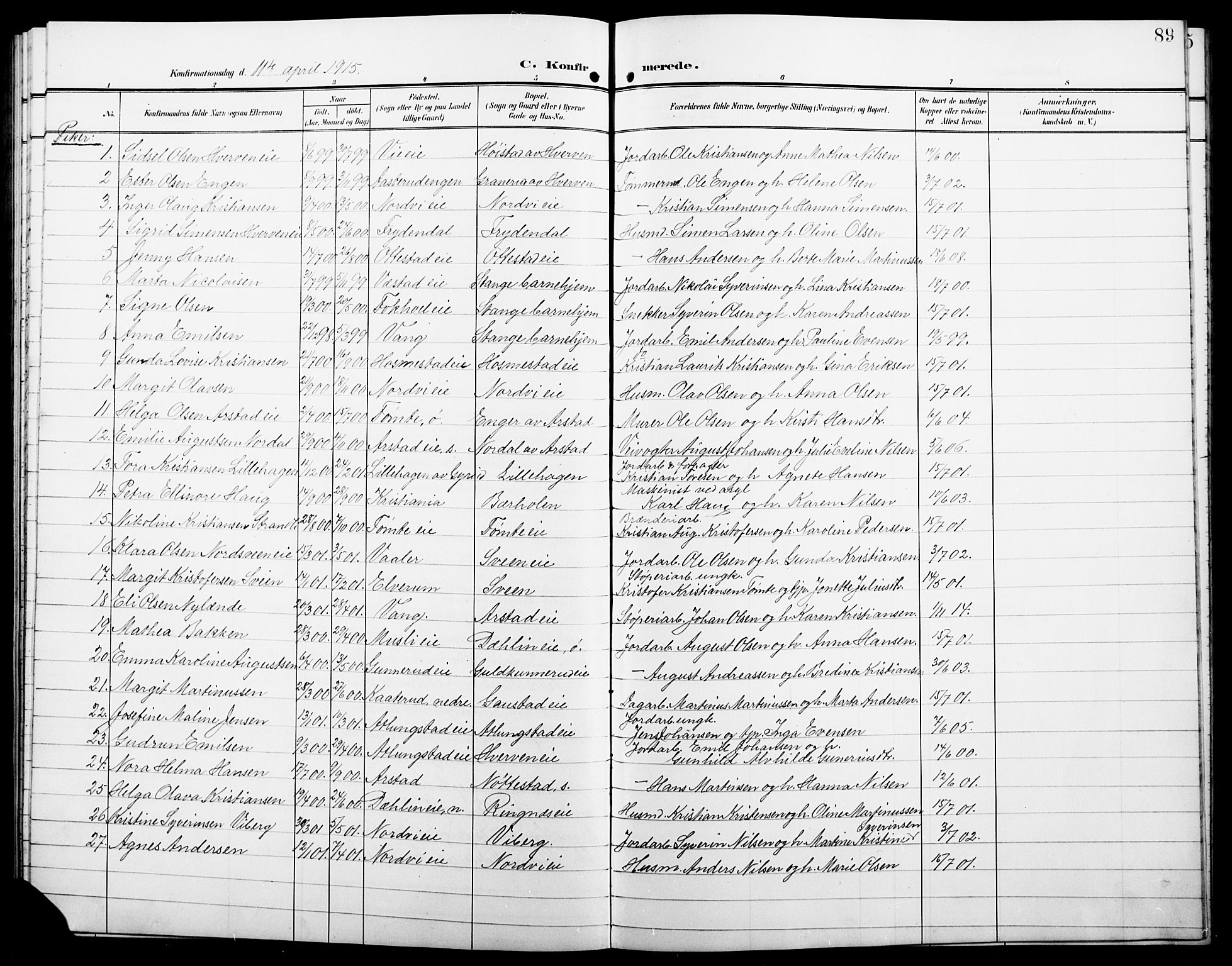 Stange prestekontor, AV/SAH-PREST-002/L/L0013: Parish register (copy) no. 13, 1906-1915, p. 89