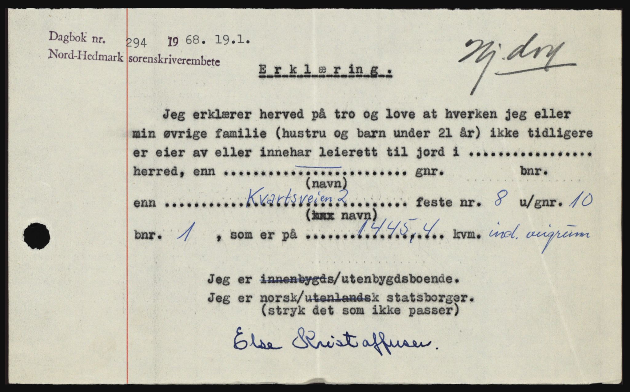 Nord-Hedmark sorenskriveri, SAH/TING-012/H/Hc/L0027: Mortgage book no. 27, 1967-1968, Diary no: : 294/1968