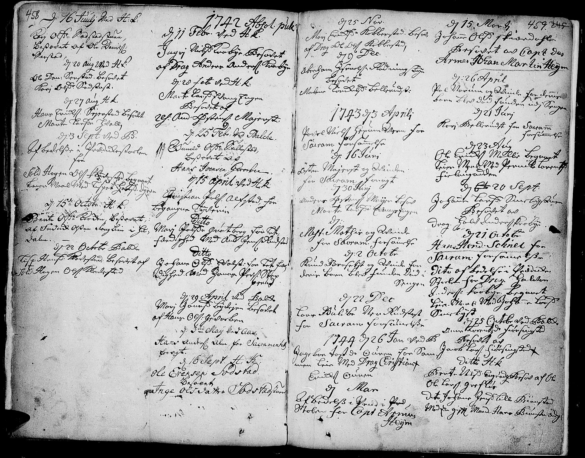 Toten prestekontor, SAH/PREST-102/H/Ha/Haa/L0003: Parish register (official) no. 3, 1734-1751, p. 458-459