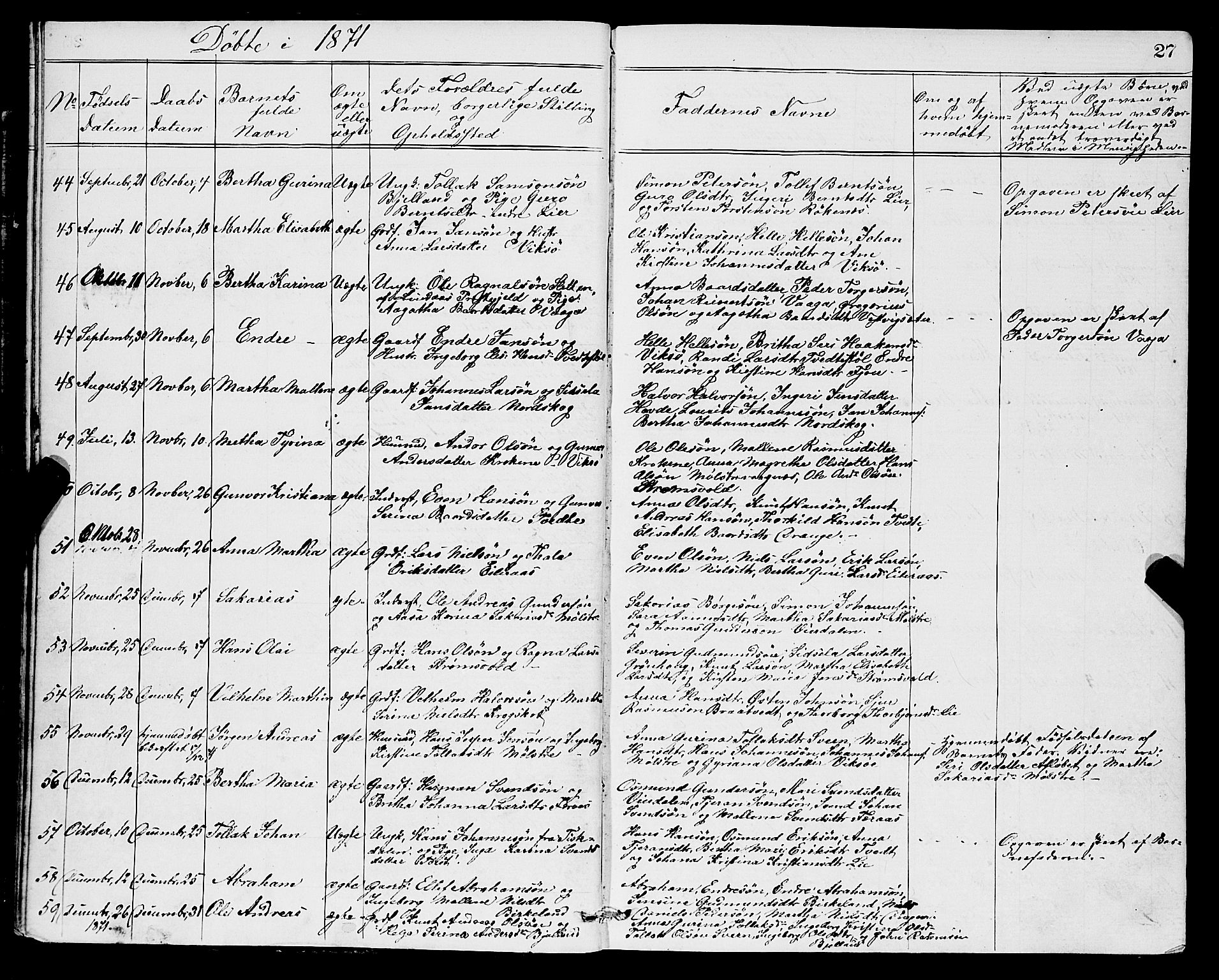 Sveio Sokneprestembete, SAB/A-78501/H/Hab: Parish register (copy) no. A 2, 1866-1877, p. 27