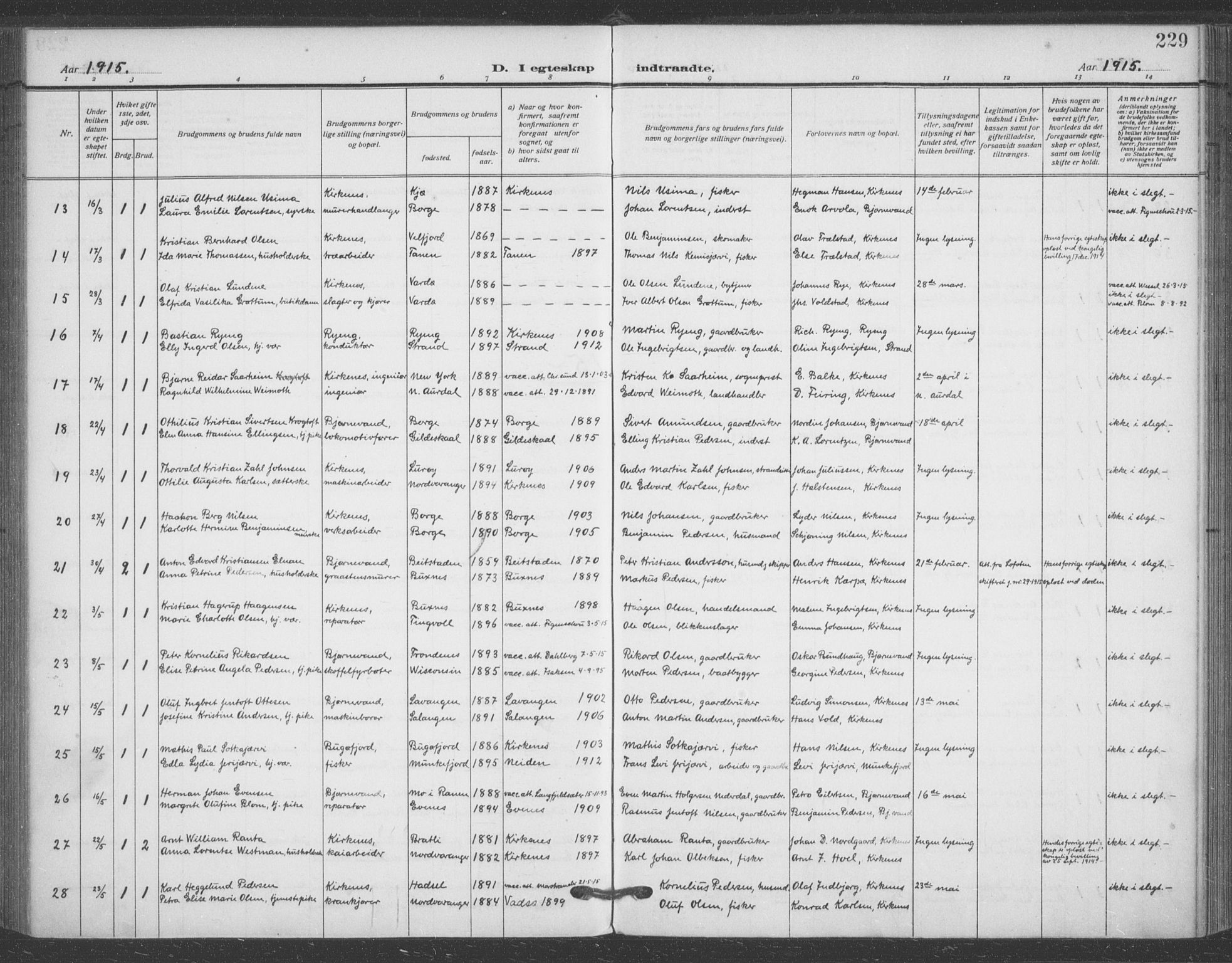 Sør-Varanger sokneprestkontor, AV/SATØ-S-1331/H/Ha/L0005kirke: Parish register (official) no. 5, 1909-1919, p. 229