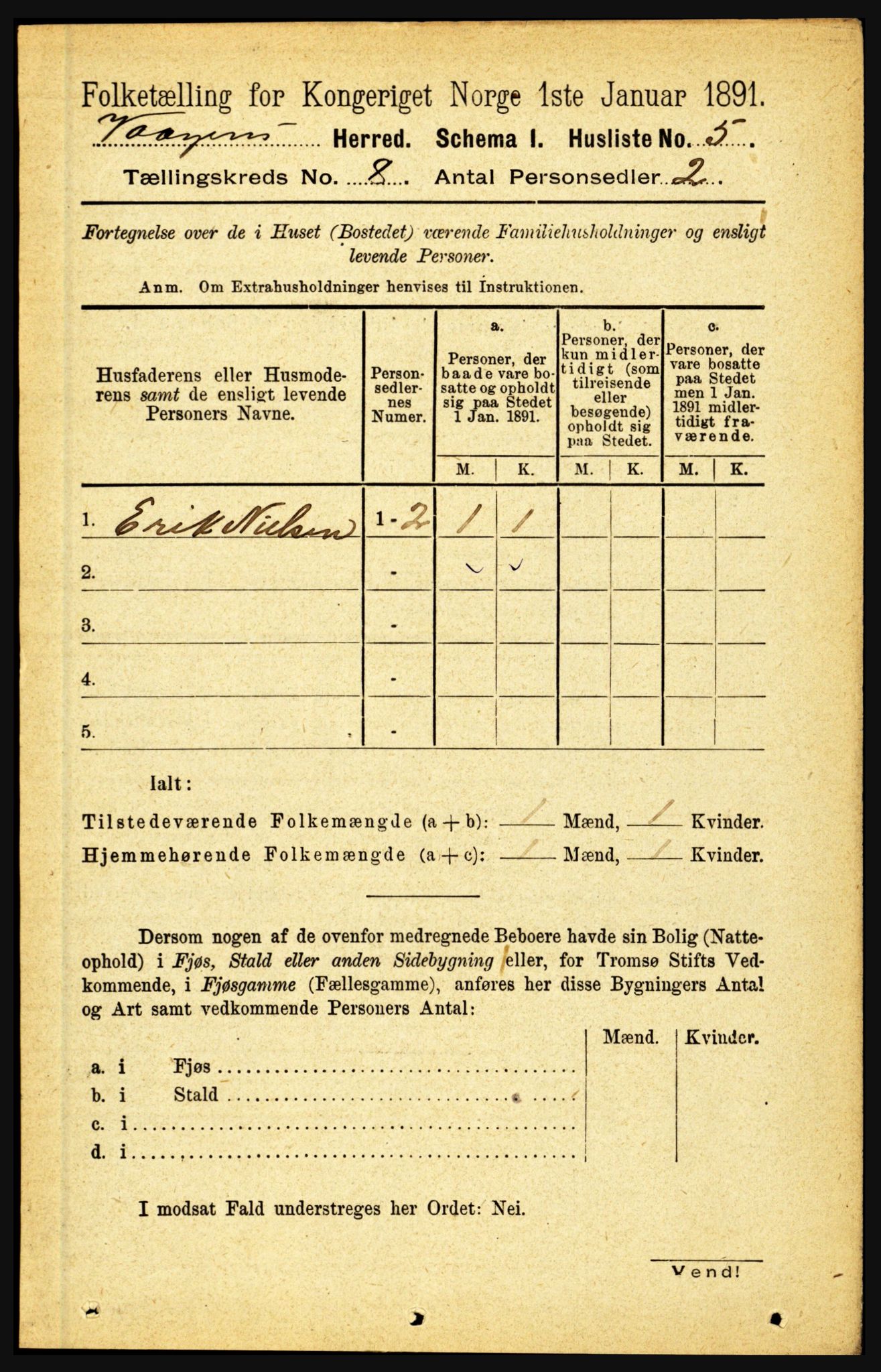 RA, 1891 census for 1865 Vågan, 1891, p. 2078