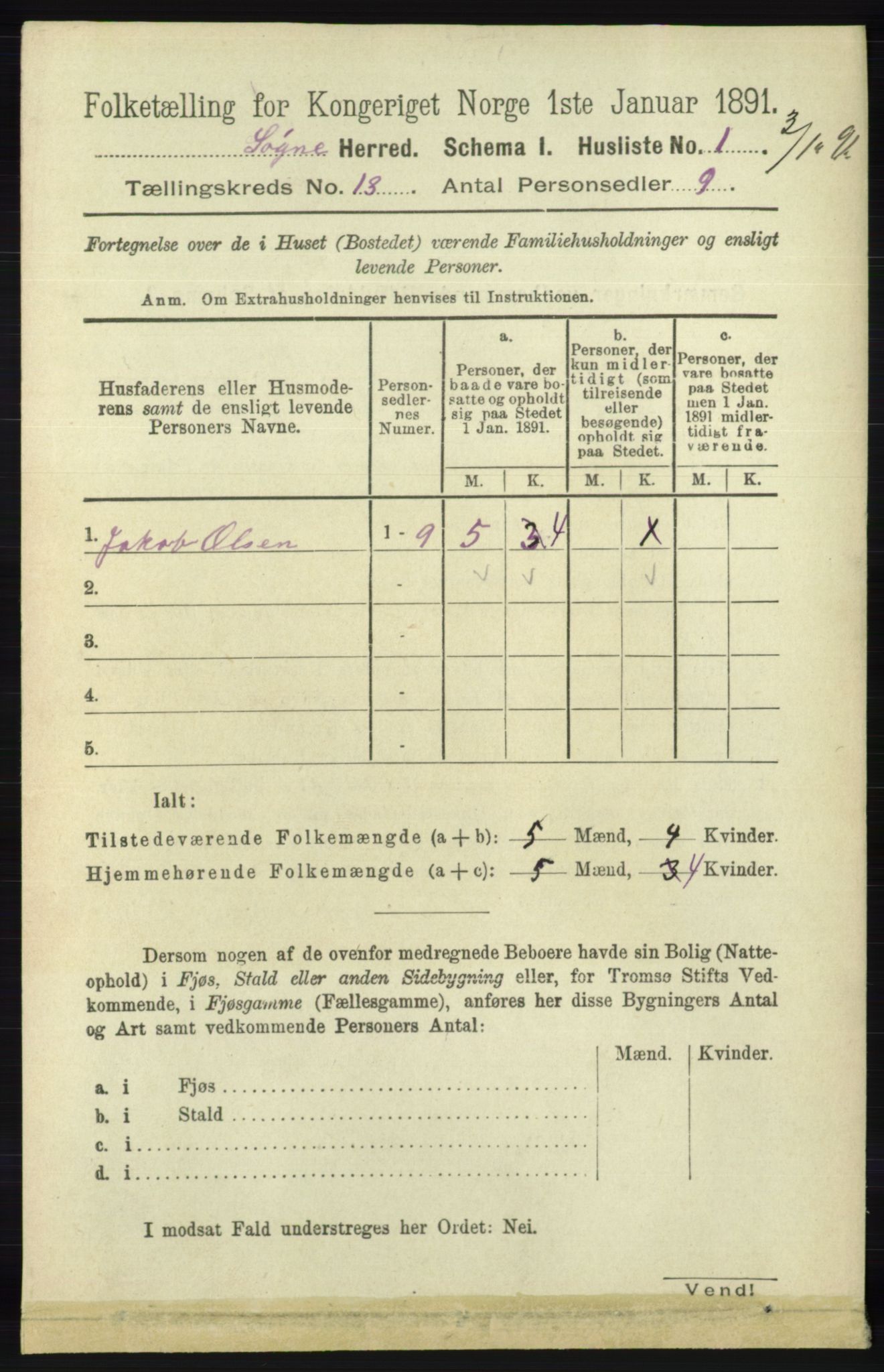 RA, 1891 census for 1018 Søgne, 1891, p. 3191