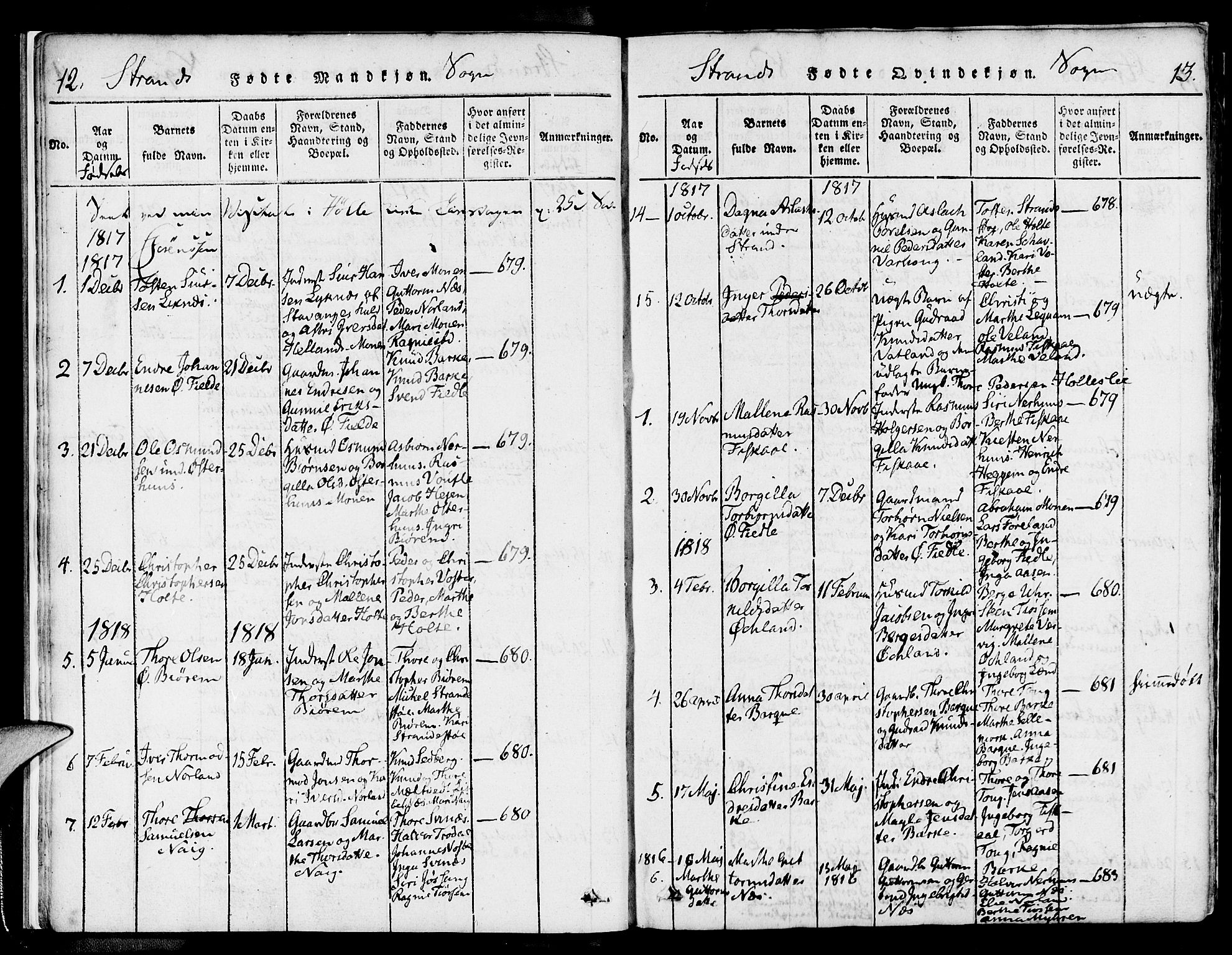 Strand sokneprestkontor, SAST/A-101828/H/Ha/Haa/L0004: Parish register (official) no. A 4 /1, 1816-1833, p. 12-13