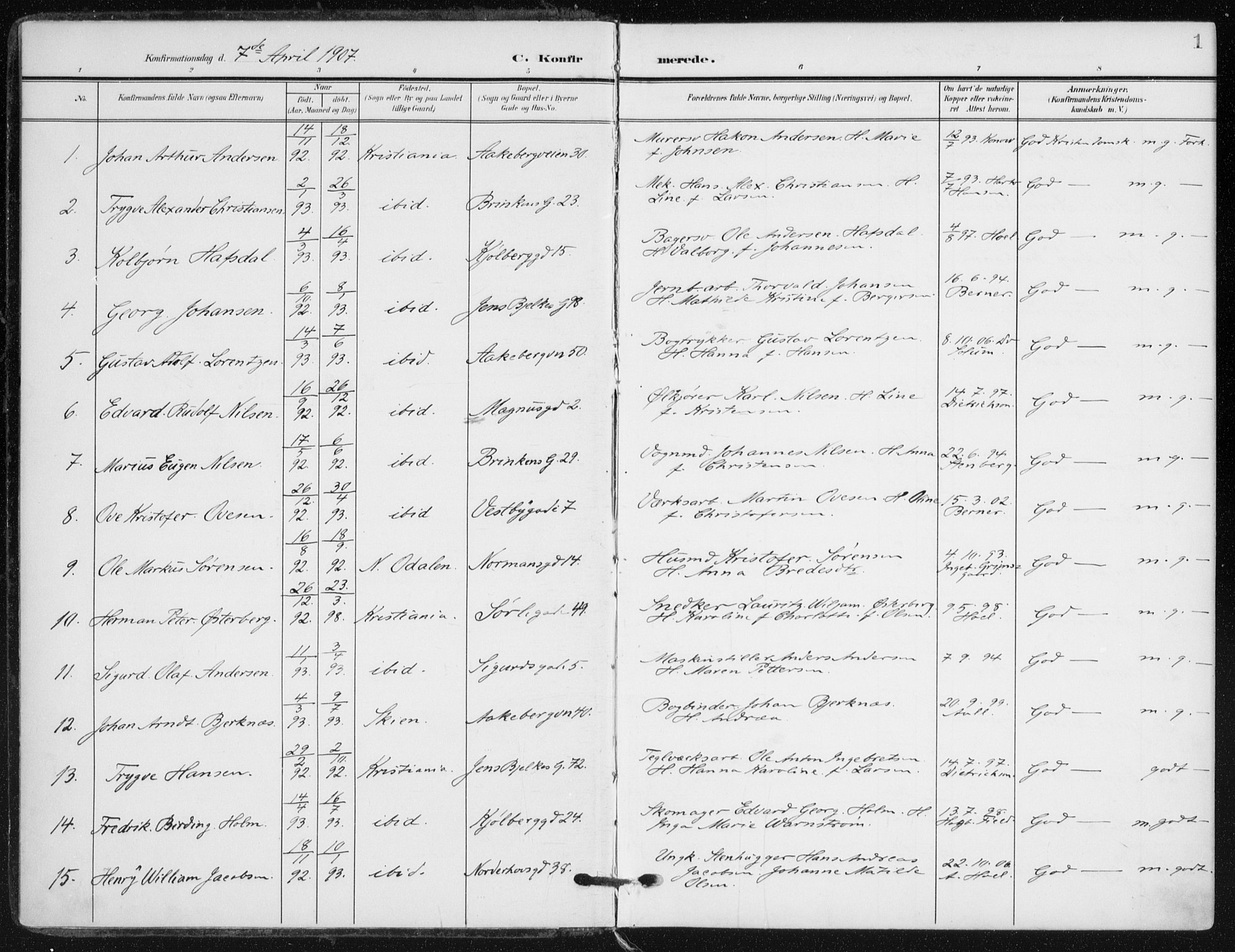 Kampen prestekontor Kirkebøker, SAO/A-10853/F/Fa/L0011: Parish register (official) no. I 11, 1907-1917, p. 1