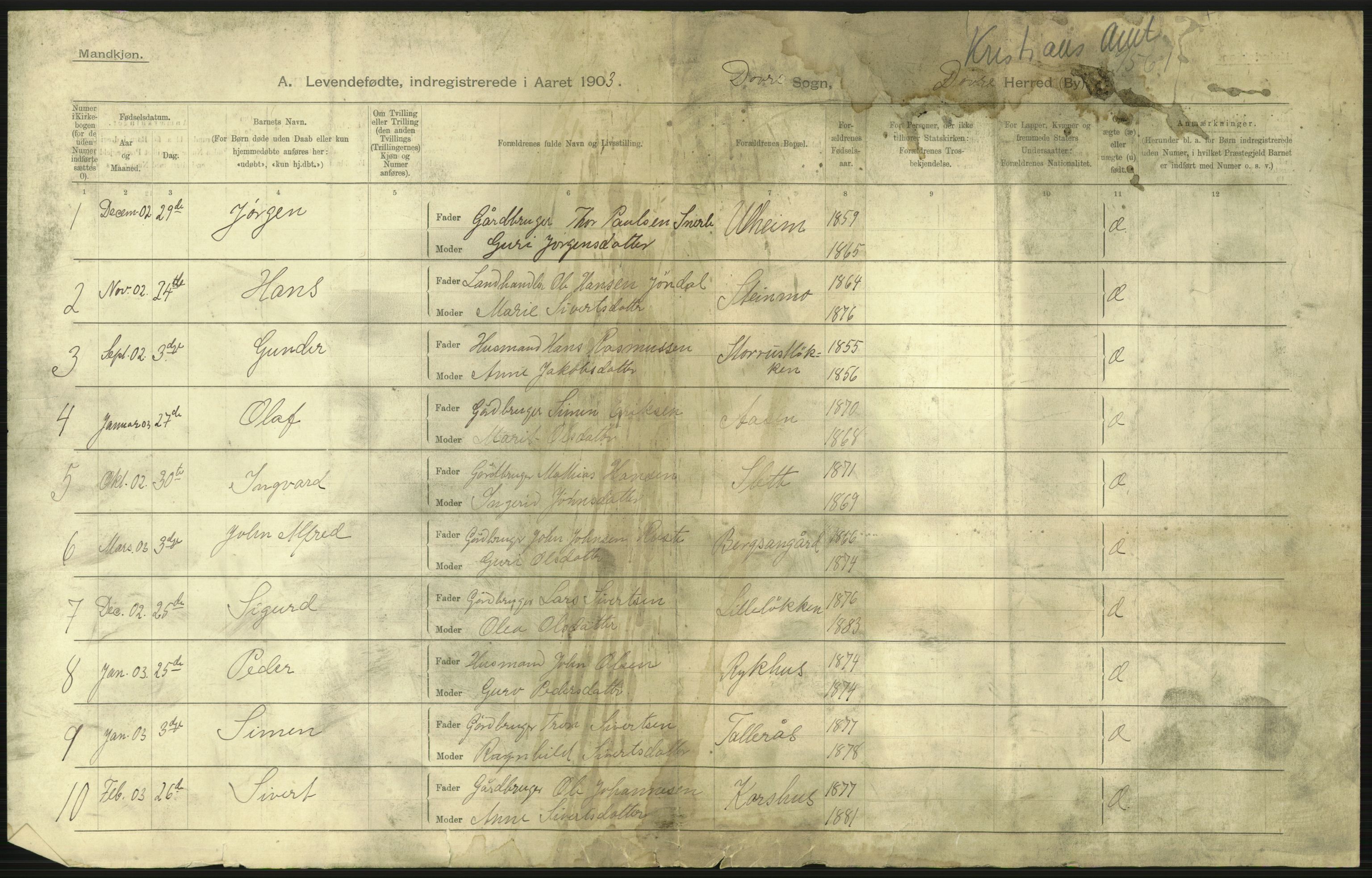 Statistisk sentralbyrå, Sosiodemografiske emner, Befolkning, AV/RA-S-2228/D/Df/Dfa/Dfaa/L0006: Kristians amt: Fødte, gifte, døde, 1903, p. 3