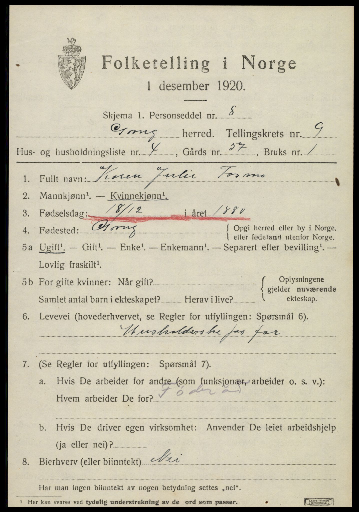 SAT, 1920 census for Grong, 1920, p. 5179