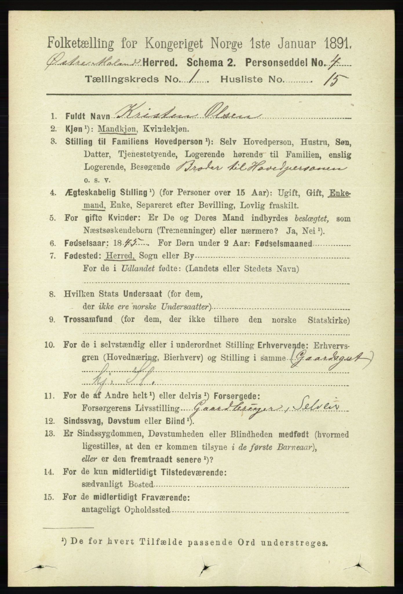 RA, 1891 census for 0918 Austre Moland, 1891, p. 180