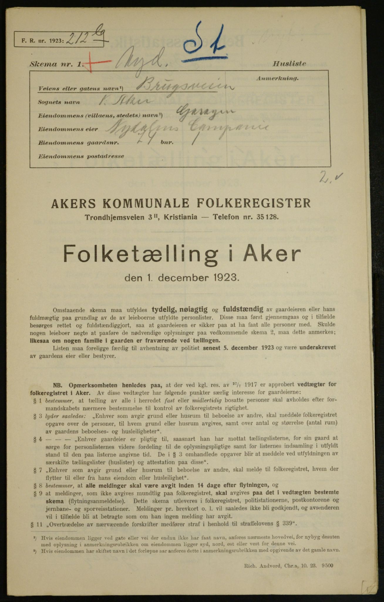 , Municipal Census 1923 for Aker, 1923, p. 8681