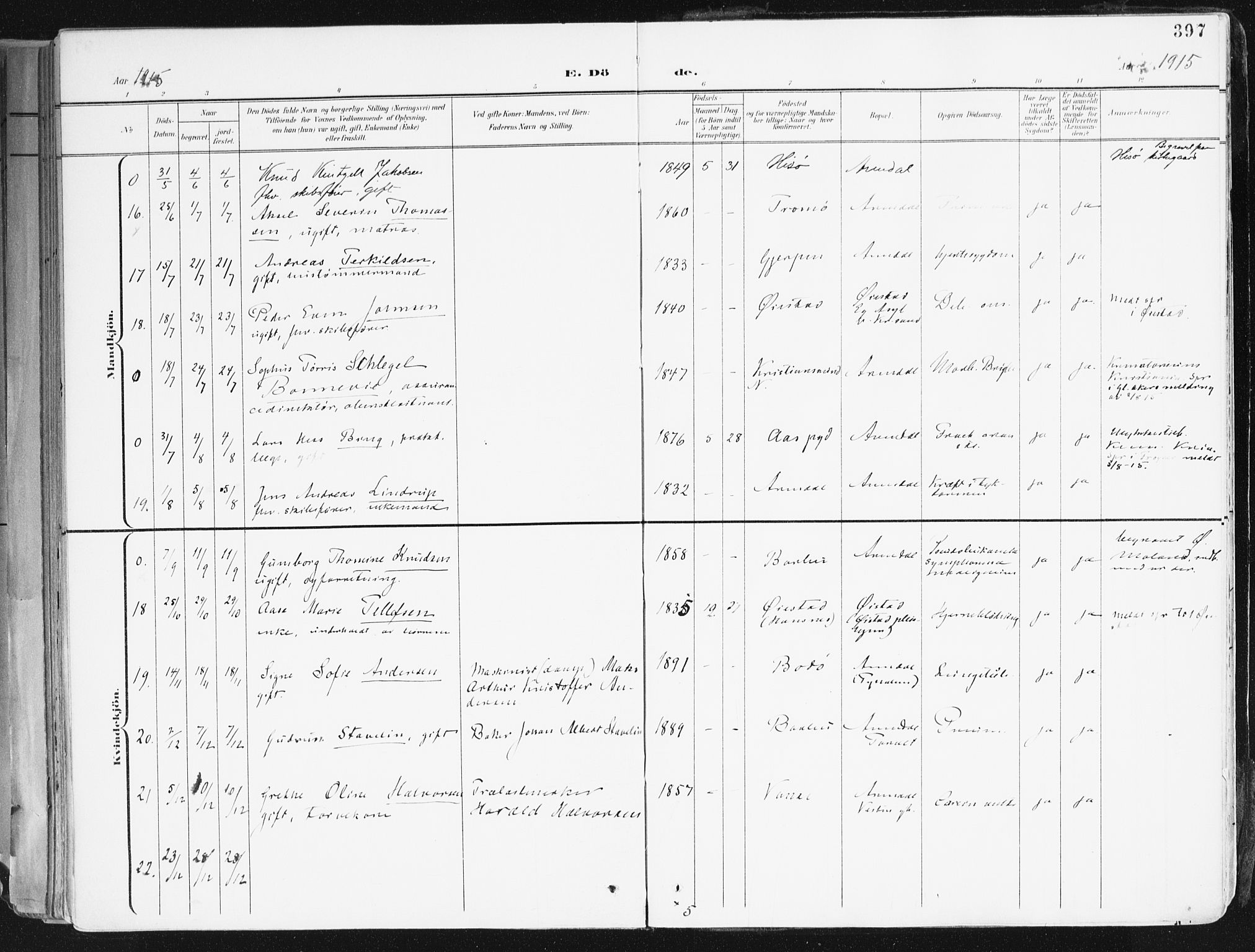 Arendal sokneprestkontor, Trefoldighet, AV/SAK-1111-0040/F/Fa/L0010: Parish register (official) no. A 10, 1900-1919, p. 397