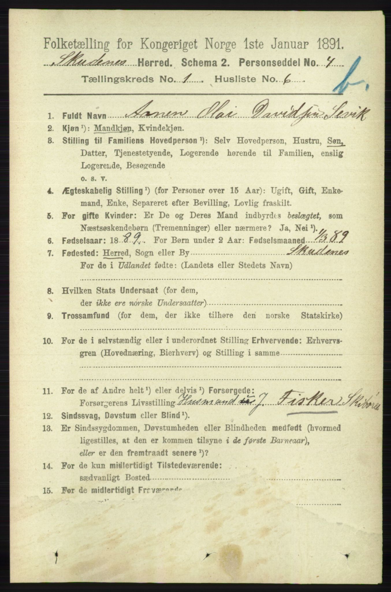 RA, 1891 census for 1150 Skudenes, 1891, p. 3437