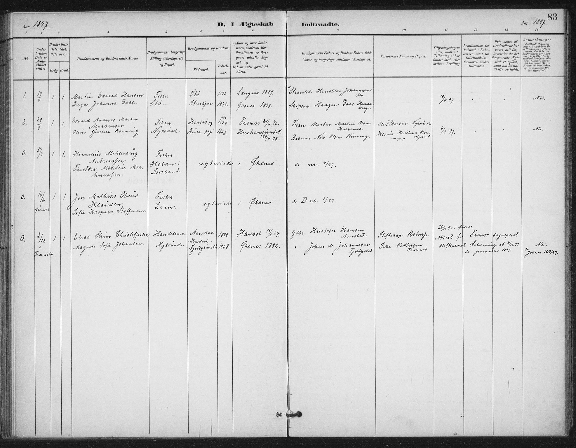 Ministerialprotokoller, klokkerbøker og fødselsregistre - Nordland, AV/SAT-A-1459/894/L1356: Parish register (official) no. 894A02, 1897-1914, p. 83