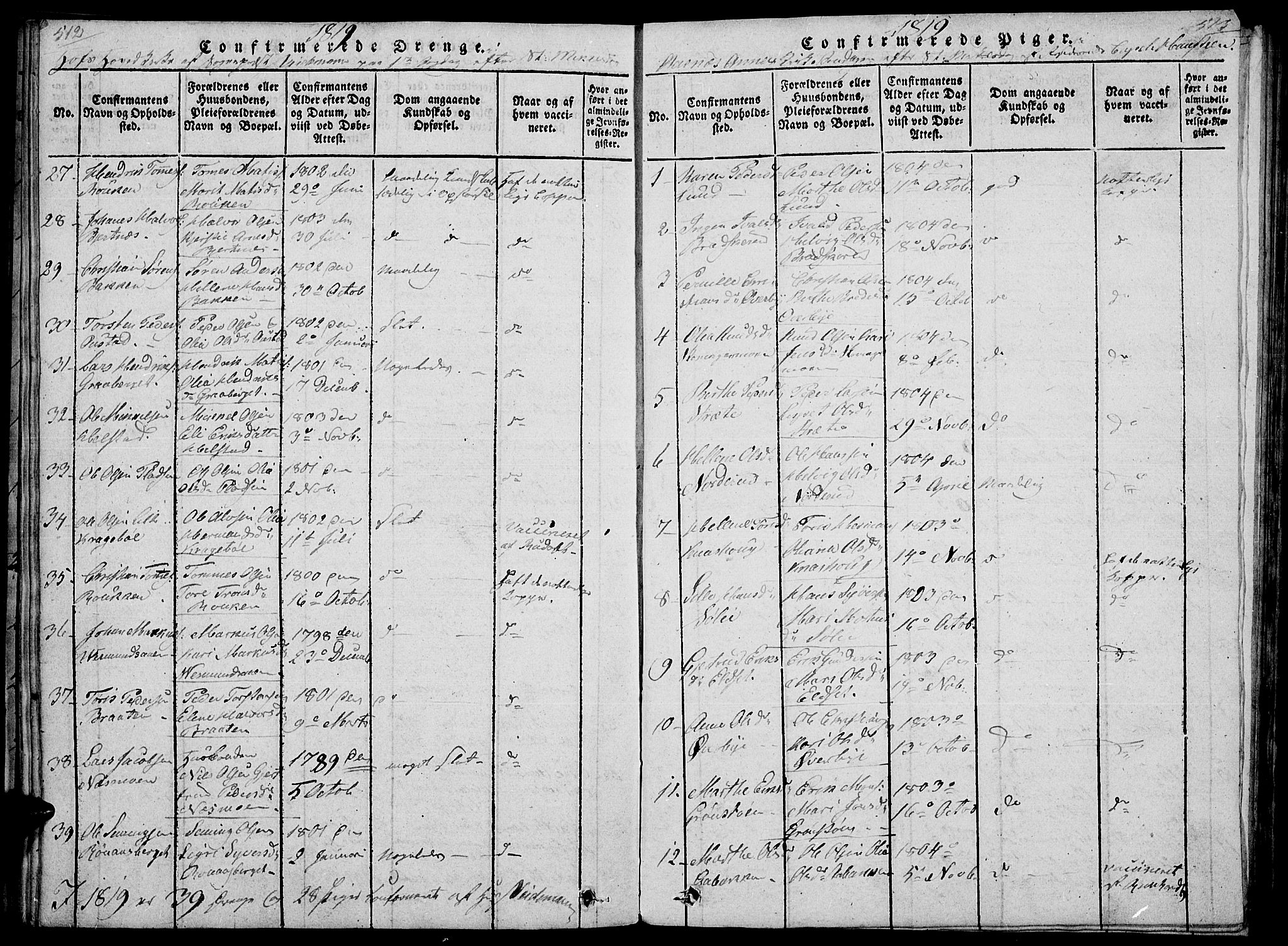 Hof prestekontor, SAH/PREST-038/H/Ha/Haa/L0005: Parish register (official) no. 5, 1816-1822, p. 512-513
