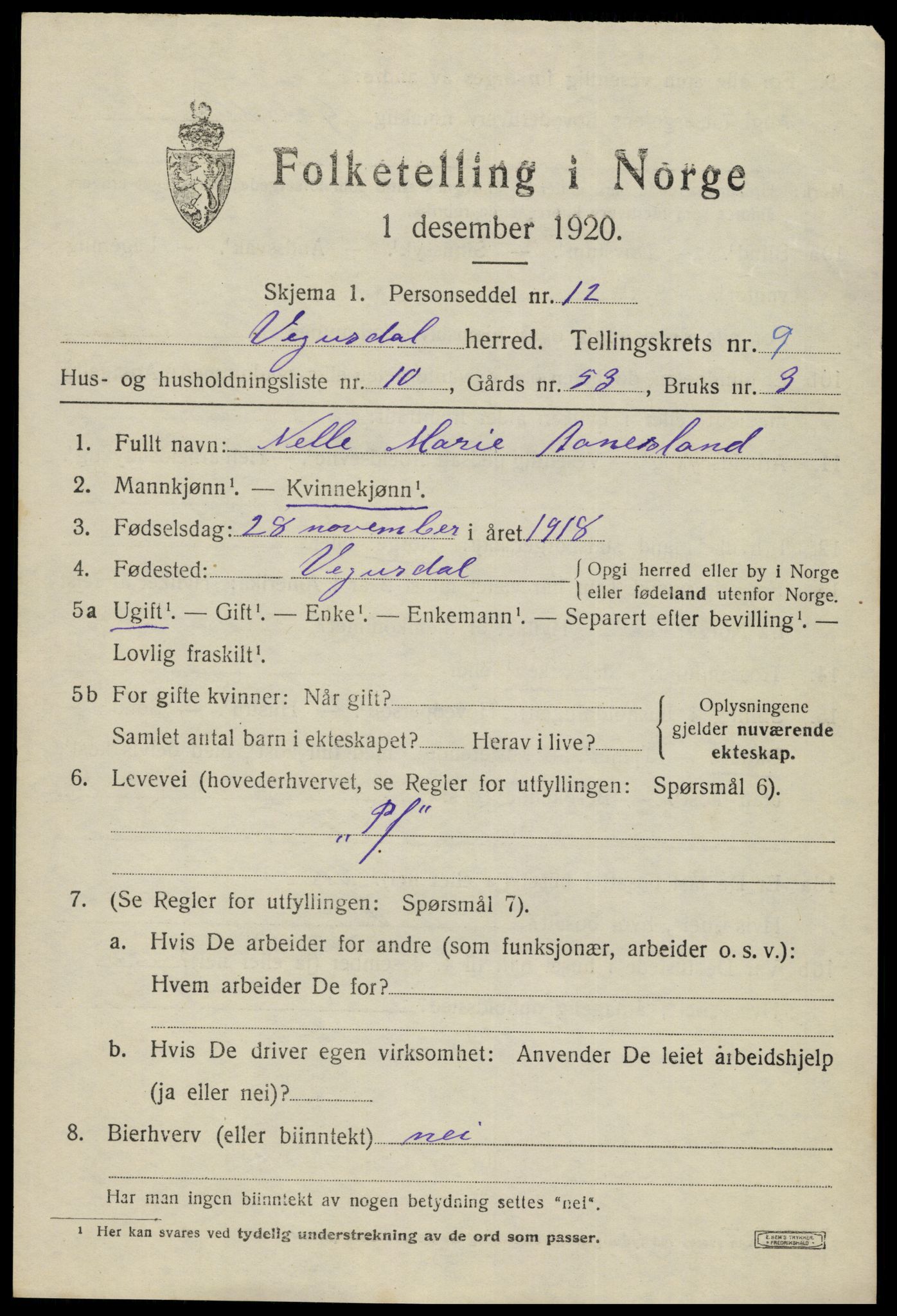 SAK, 1920 census for Vegusdal, 1920, p. 2057