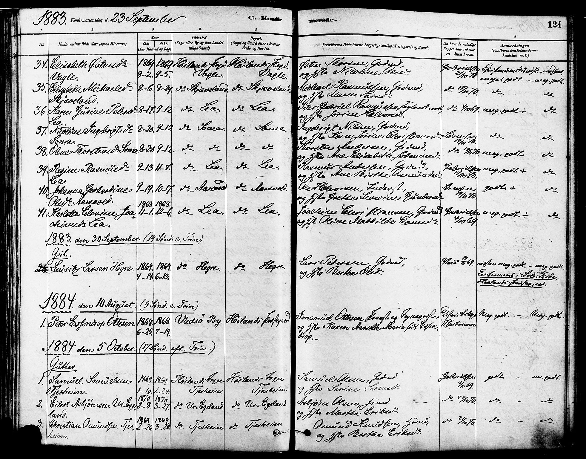 Høyland sokneprestkontor, SAST/A-101799/001/30BA/L0011: Parish register (official) no. A 10, 1878-1888, p. 124