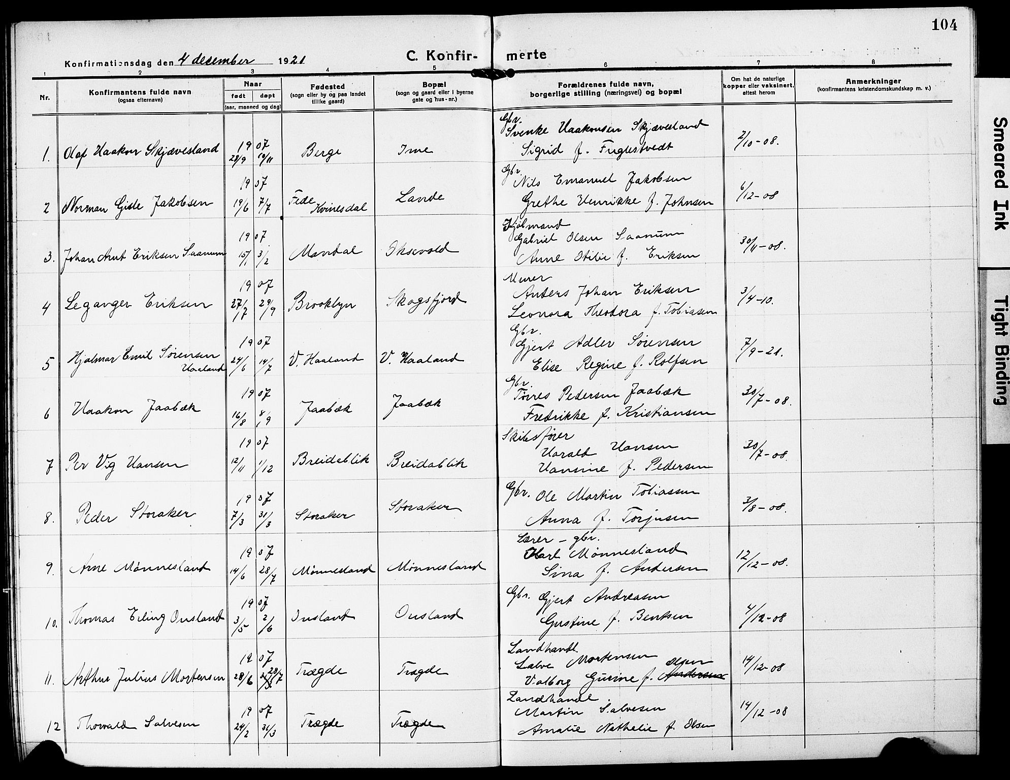 Mandal sokneprestkontor, SAK/1111-0030/F/Fb/Fba/L0013: Parish register (copy) no. B 7, 1918-1931, p. 104