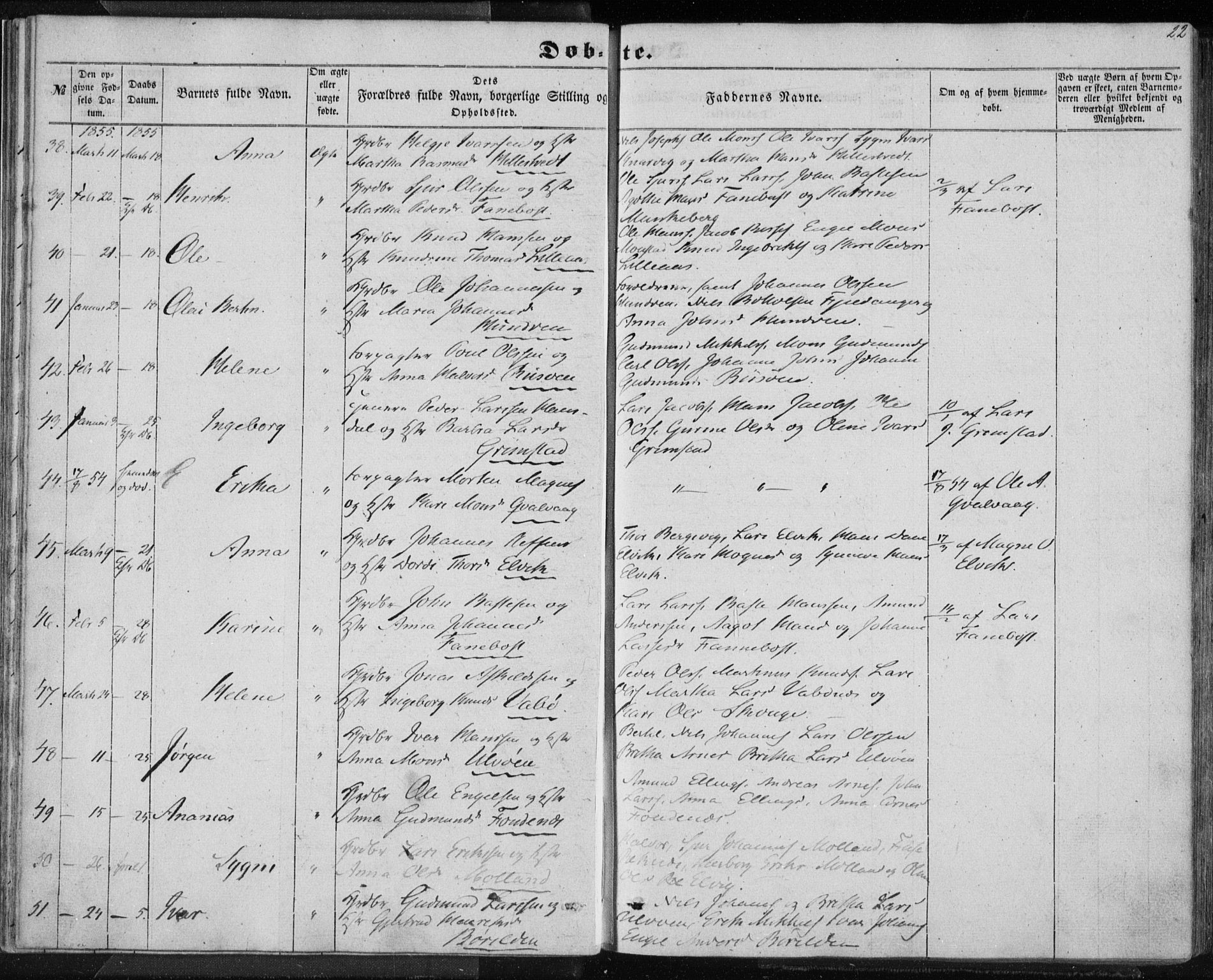 Lindås Sokneprestembete, AV/SAB-A-76701/H/Haa/Haaa/L0011: Parish register (official) no. A 11, 1854-1869, p. 22