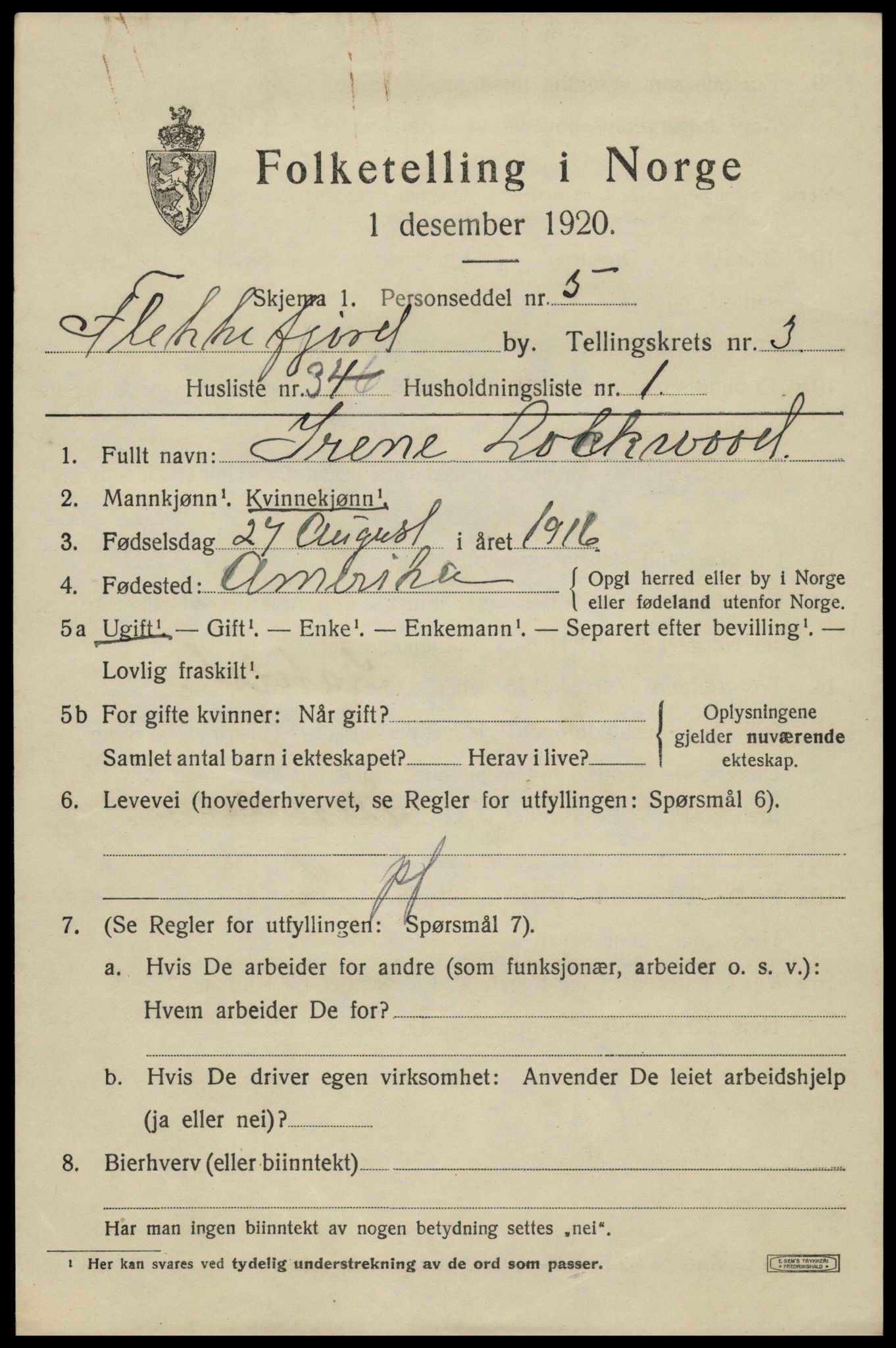 SAK, 1920 census for Flekkefjord, 1920, p. 3806