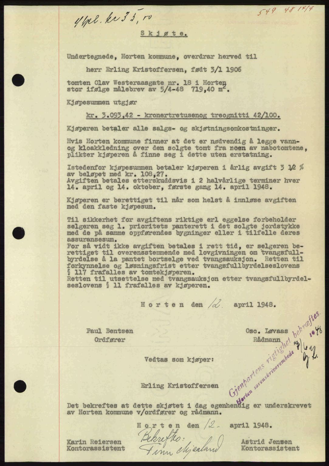 Horten sorenskriveri, AV/SAKO-A-133/G/Ga/Gaa/L0010: Mortgage book no. A-10, 1947-1948, Diary no: : 549/1948