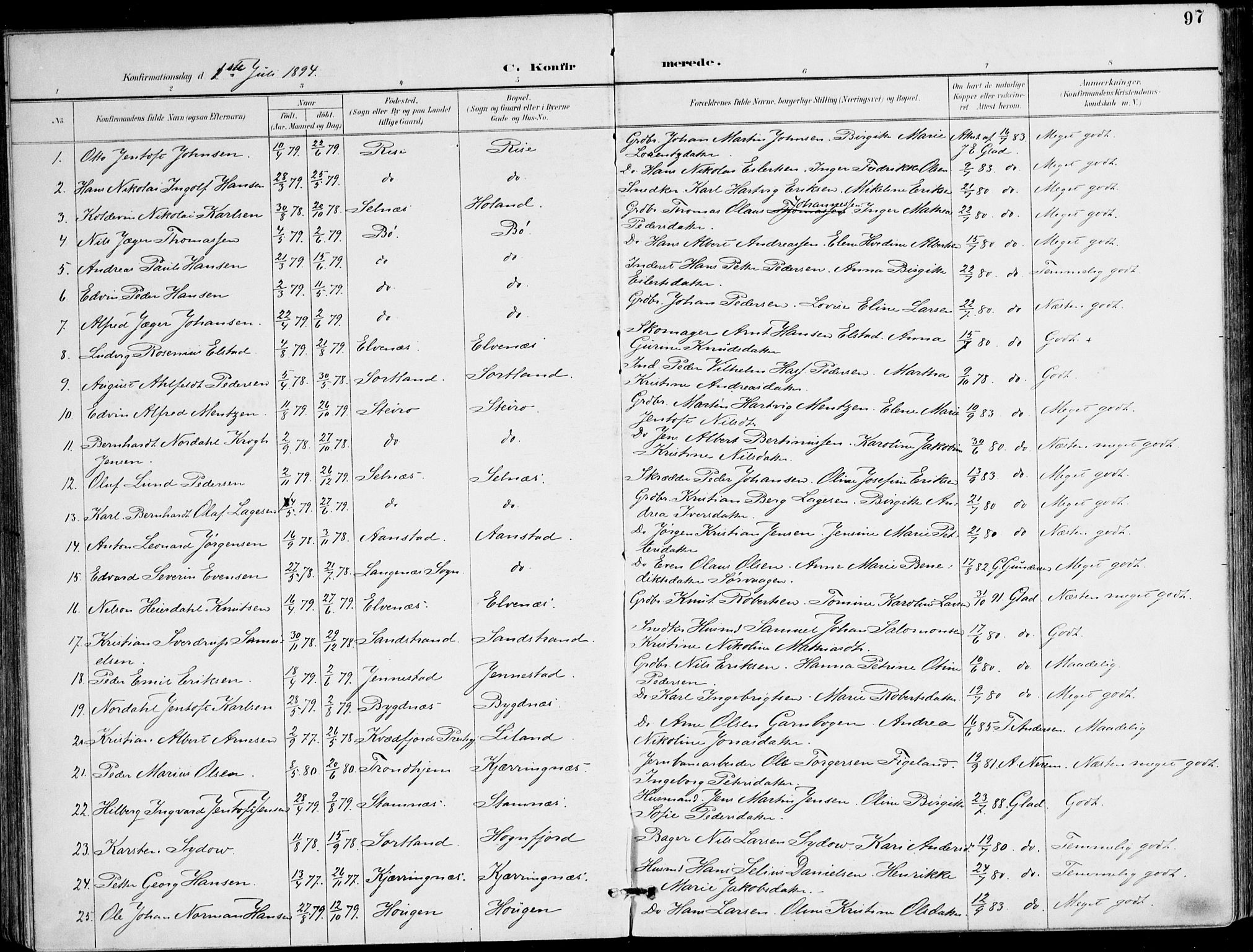 Ministerialprotokoller, klokkerbøker og fødselsregistre - Nordland, AV/SAT-A-1459/895/L1372: Parish register (official) no. 895A07, 1894-1914, p. 97