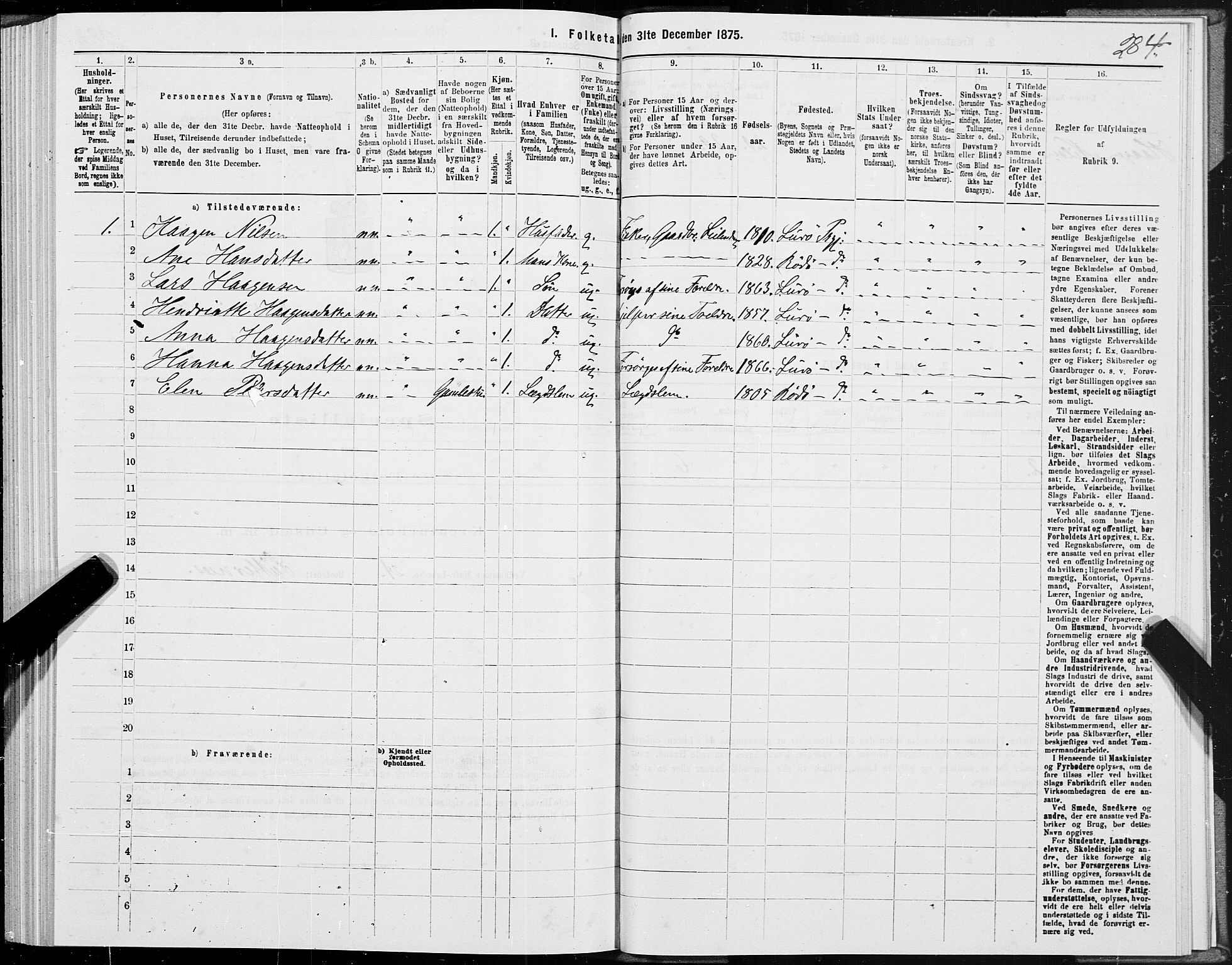 SAT, 1875 census for 1834P Lurøy, 1875, p. 3284