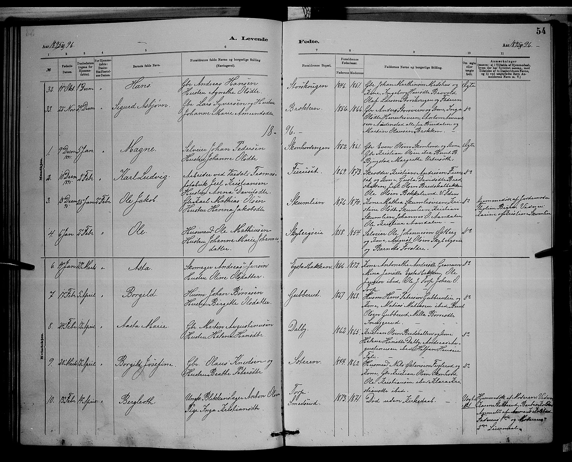 Vardal prestekontor, SAH/PREST-100/H/Ha/Hab/L0008: Parish register (copy) no. 8, 1881-1898, p. 54