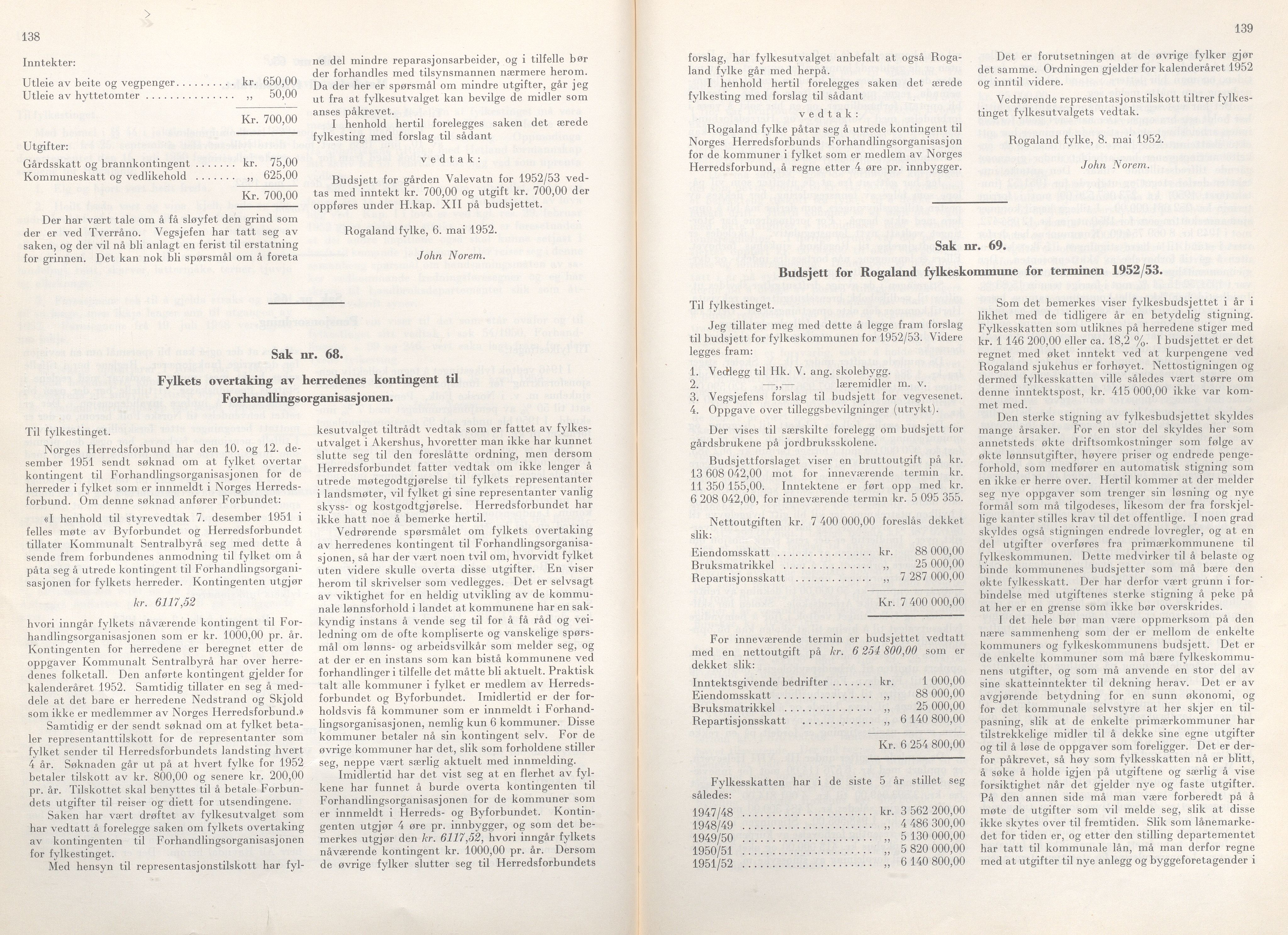 Rogaland fylkeskommune - Fylkesrådmannen , IKAR/A-900/A/Aa/Aaa/L0071: Møtebok , 1952, p. 138-139