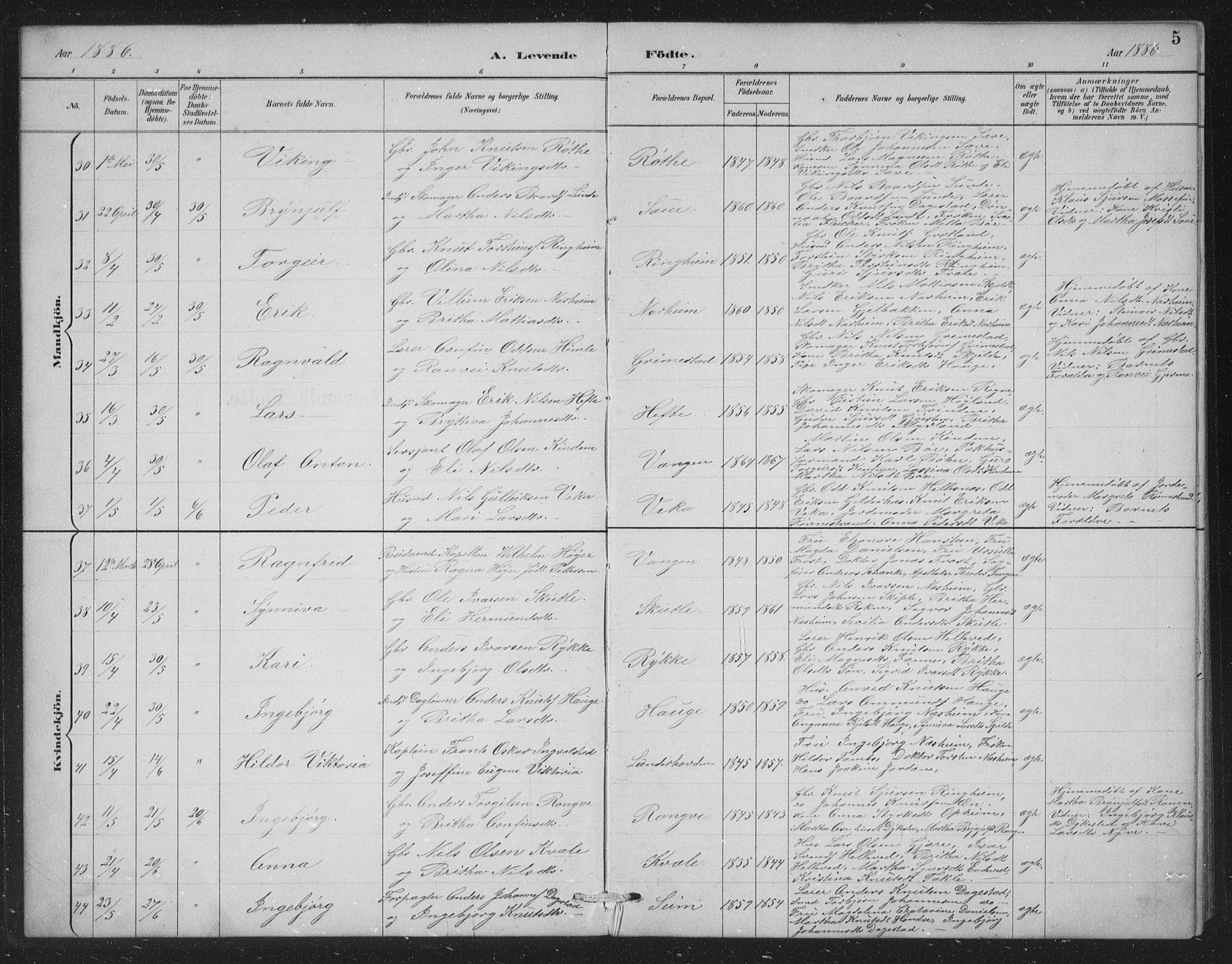 Voss sokneprestembete, SAB/A-79001/H/Hab: Parish register (copy) no. C 1, 1886-1899, p. 5