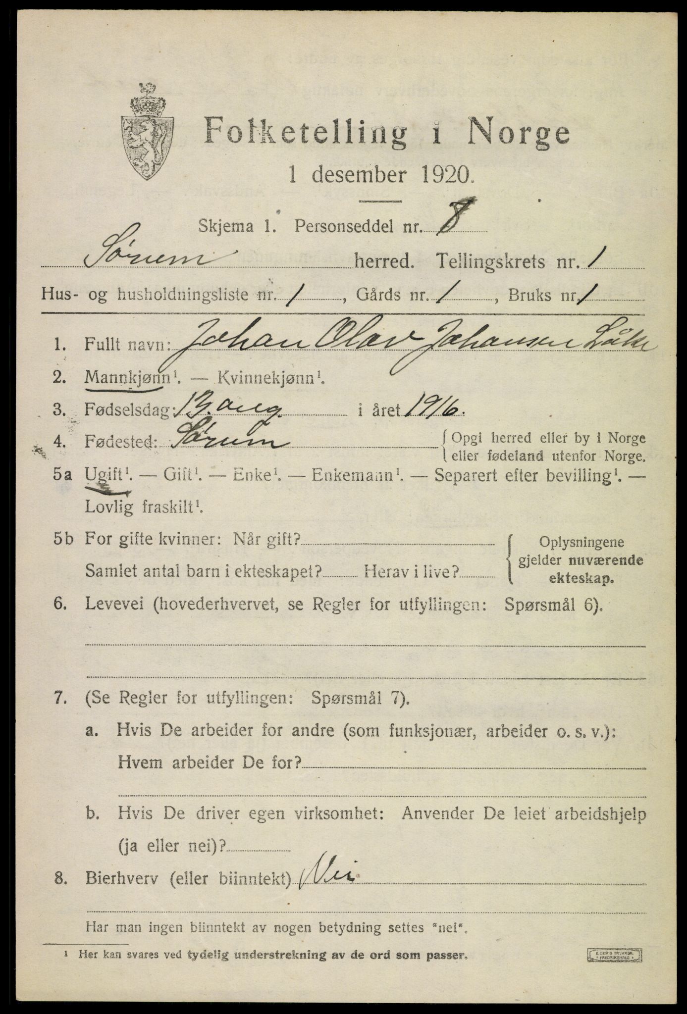 SAO, 1920 census for Sørum, 1920, p. 1137