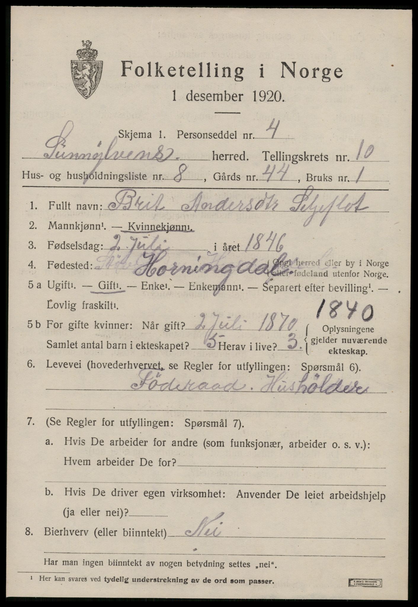 SAT, 1920 census for Sunnylven, 1920, p. 3124