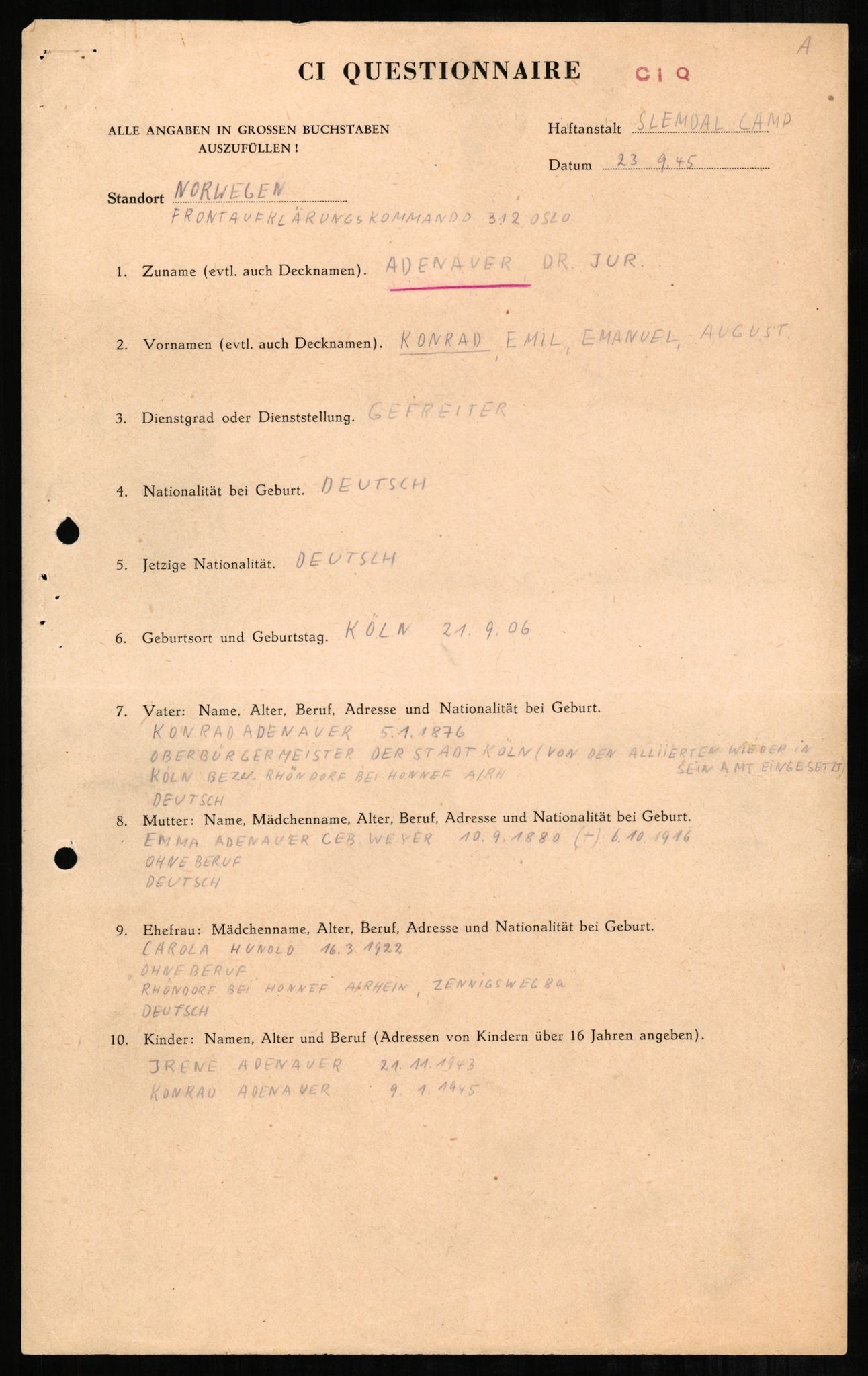 Forsvaret, Forsvarets overkommando II, AV/RA-RAFA-3915/D/Db/L0001: CI Questionaires. Tyske okkupasjonsstyrker i Norge. Tyskere., 1945-1946, p. 97