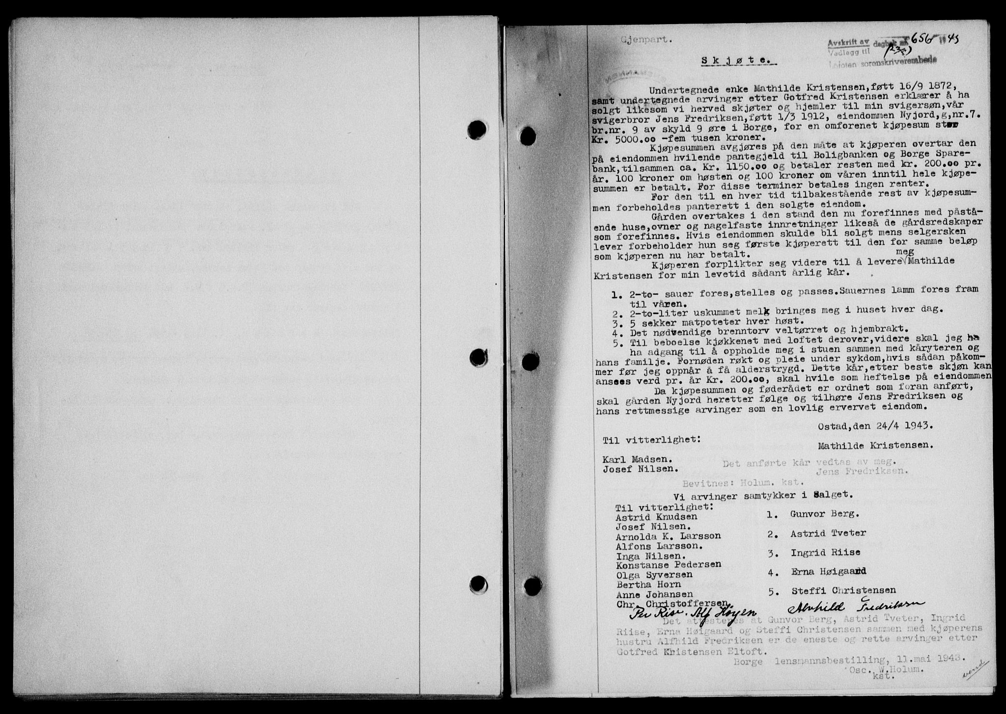Lofoten sorenskriveri, SAT/A-0017/1/2/2C/L0011a: Mortgage book no. 11a, 1943-1943, Diary no: : 656/1943