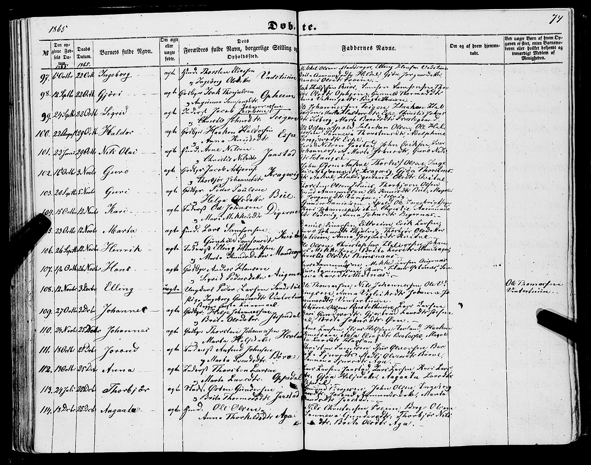 Ullensvang sokneprestembete, AV/SAB-A-78701/H/Haa: Parish register (official) no. A 11, 1854-1866, p. 74