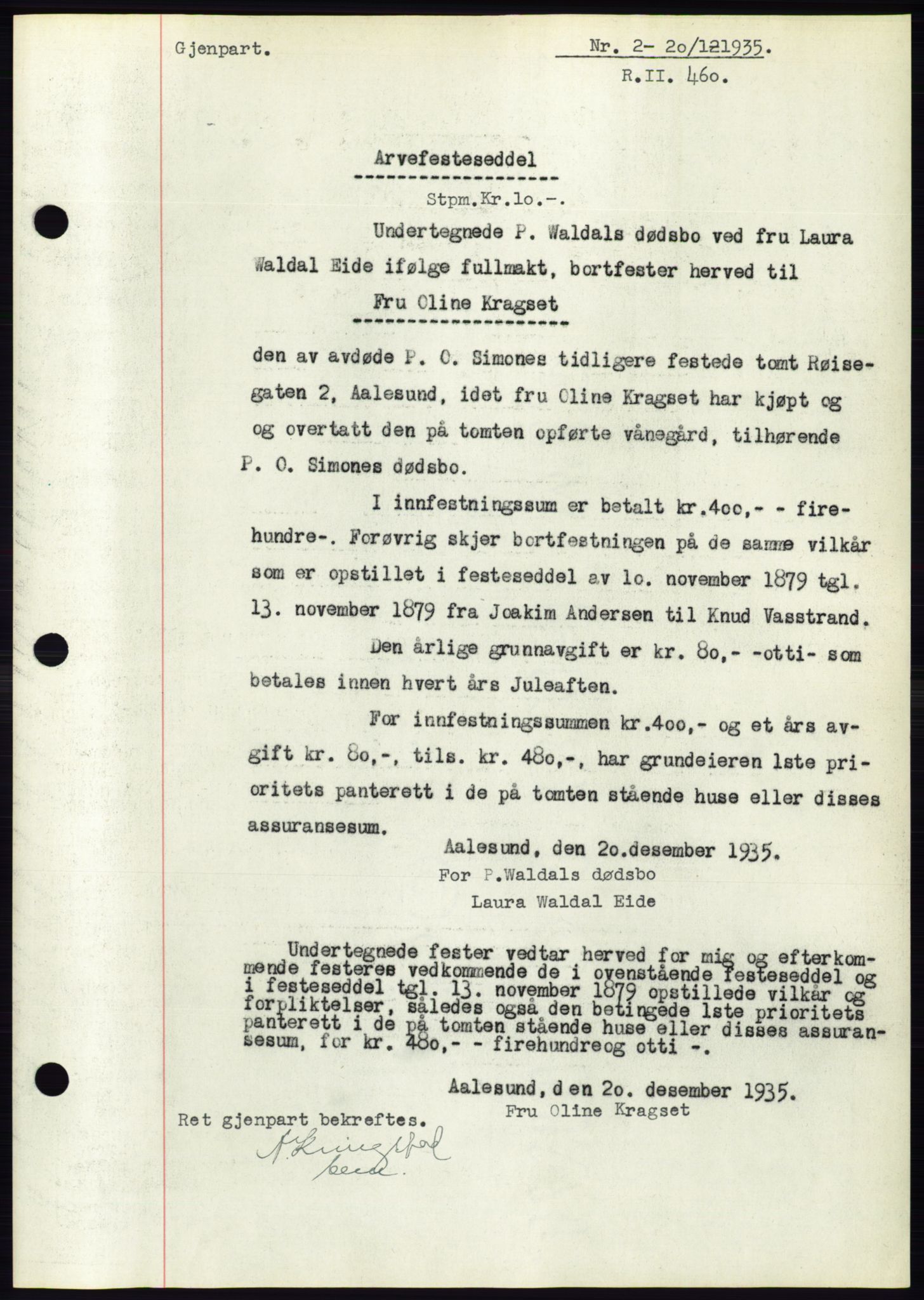 Ålesund byfogd, AV/SAT-A-4384: Mortgage book no. 32, 1934-1935, Deed date: 20.12.1935