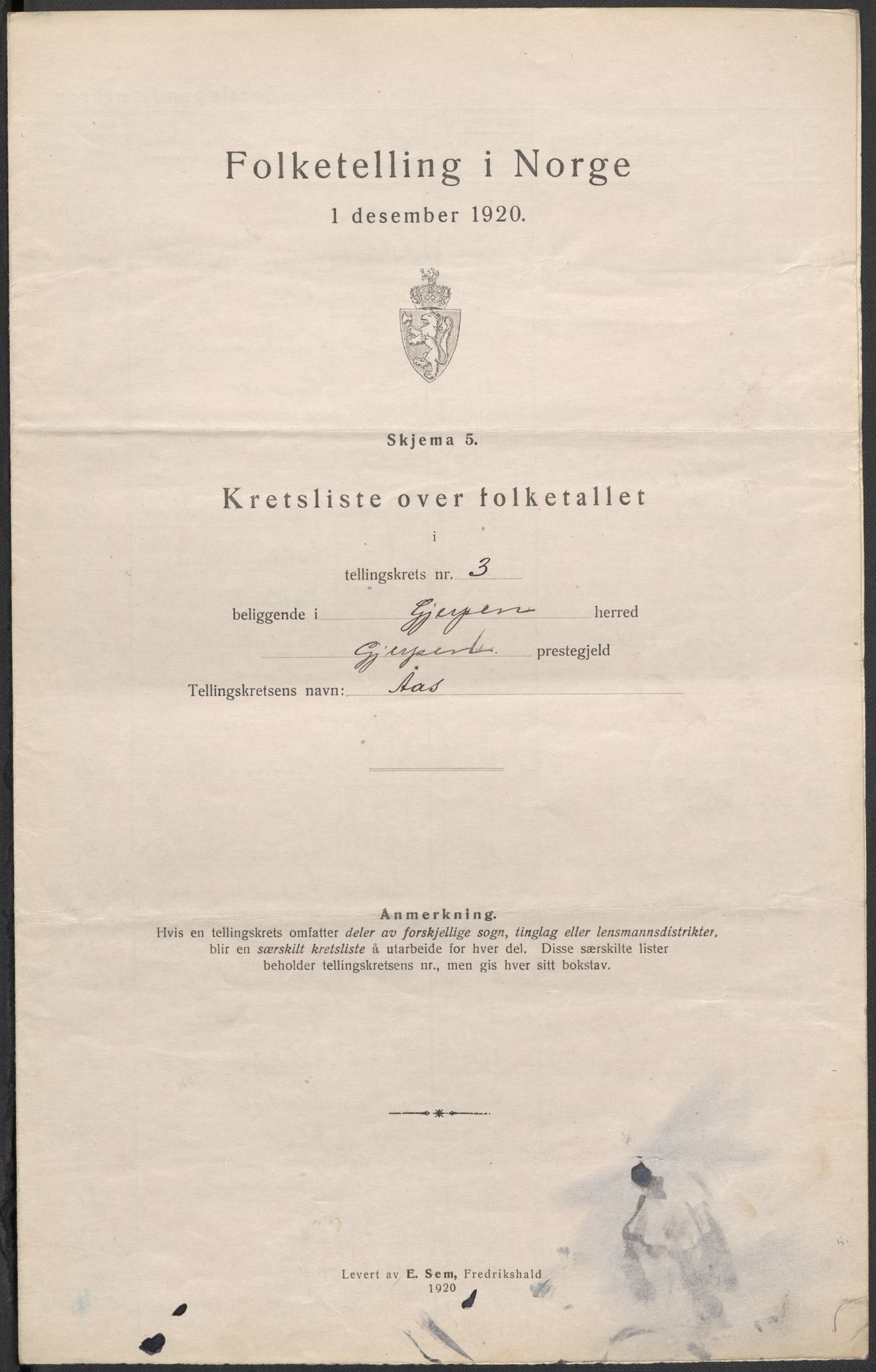 SAKO, 1920 census for Gjerpen, 1920, p. 15