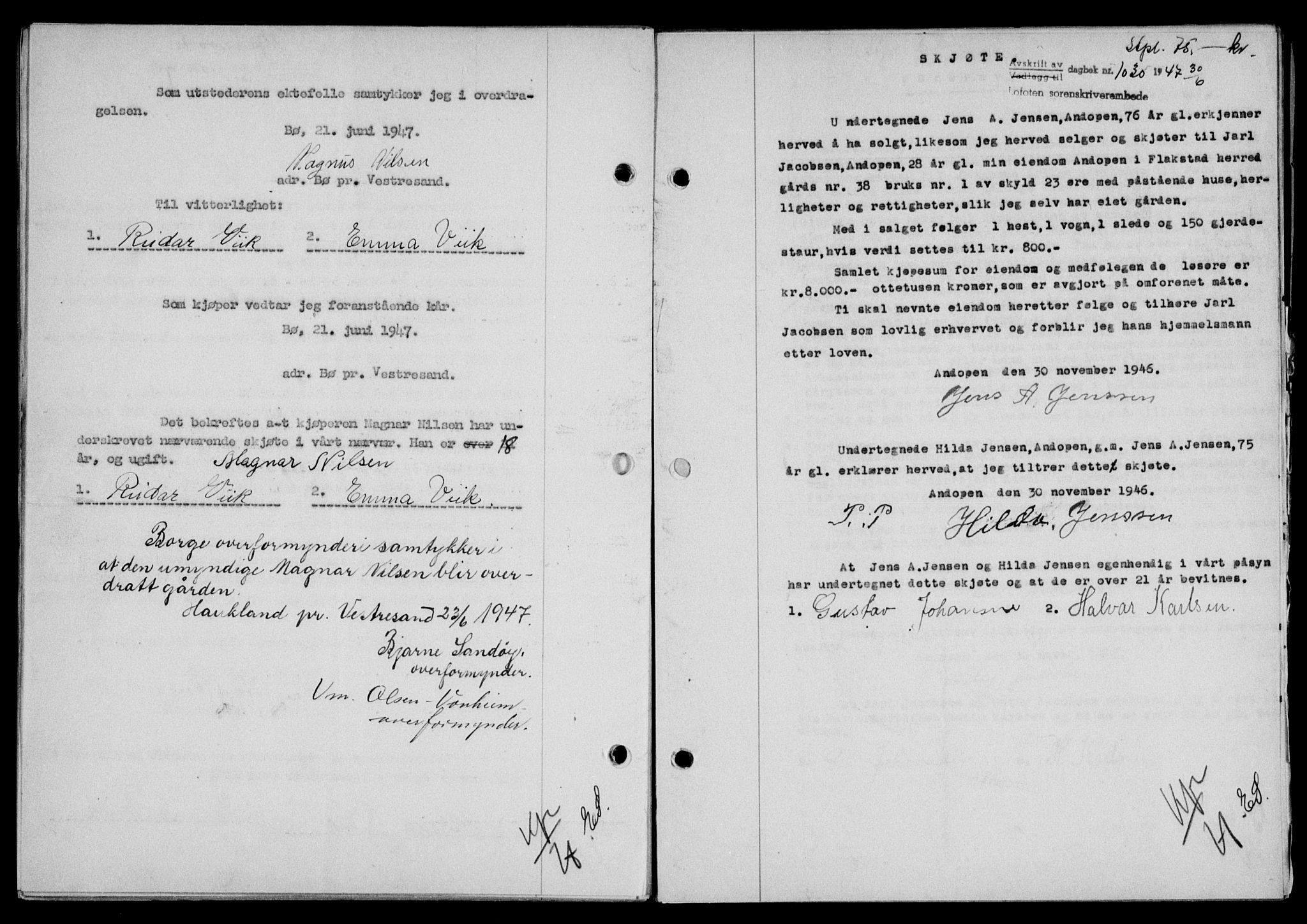 Lofoten sorenskriveri, SAT/A-0017/1/2/2C/L0016a: Mortgage book no. 16a, 1947-1947, Diary no: : 1030/1947