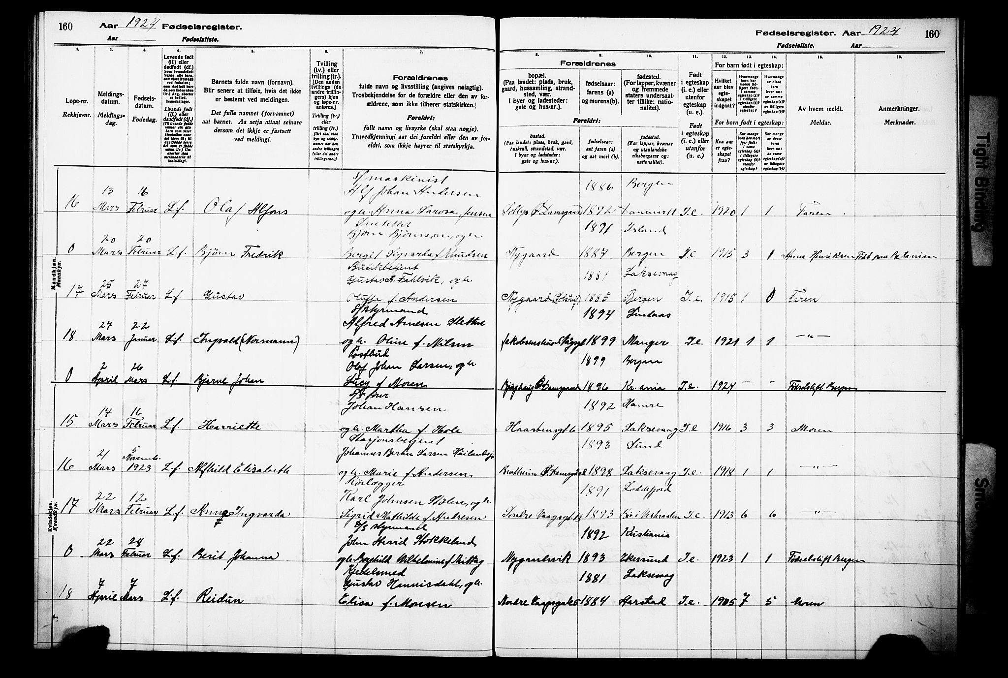 Laksevåg Sokneprestembete, AV/SAB-A-76501/I/Id/L00A1: Birth register no. A 1, 1916-1926, p. 160