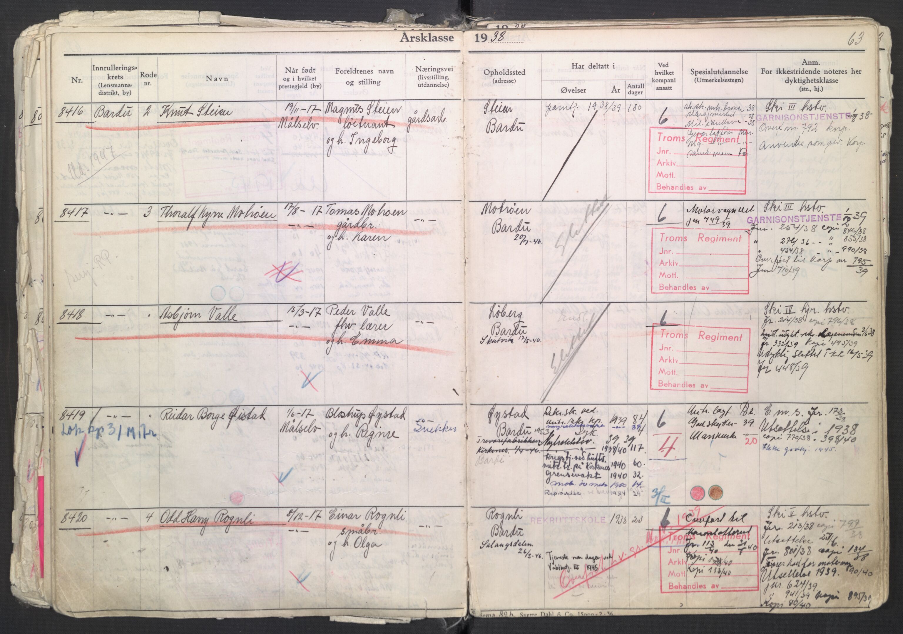 Forsvaret, Troms infanteriregiment nr. 16, AV/RA-RAFA-3146/P/Pa/L0007/0003: Ruller / Rulle for regimentets menige mannskaper, årsklasse 1938, 1938, p. 63