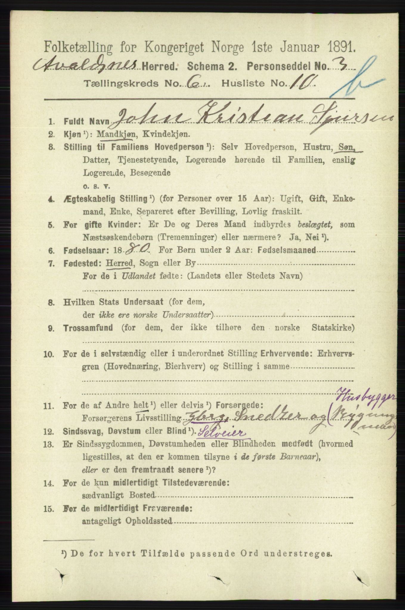 RA, 1891 census for 1147 Avaldsnes, 1891, p. 3288